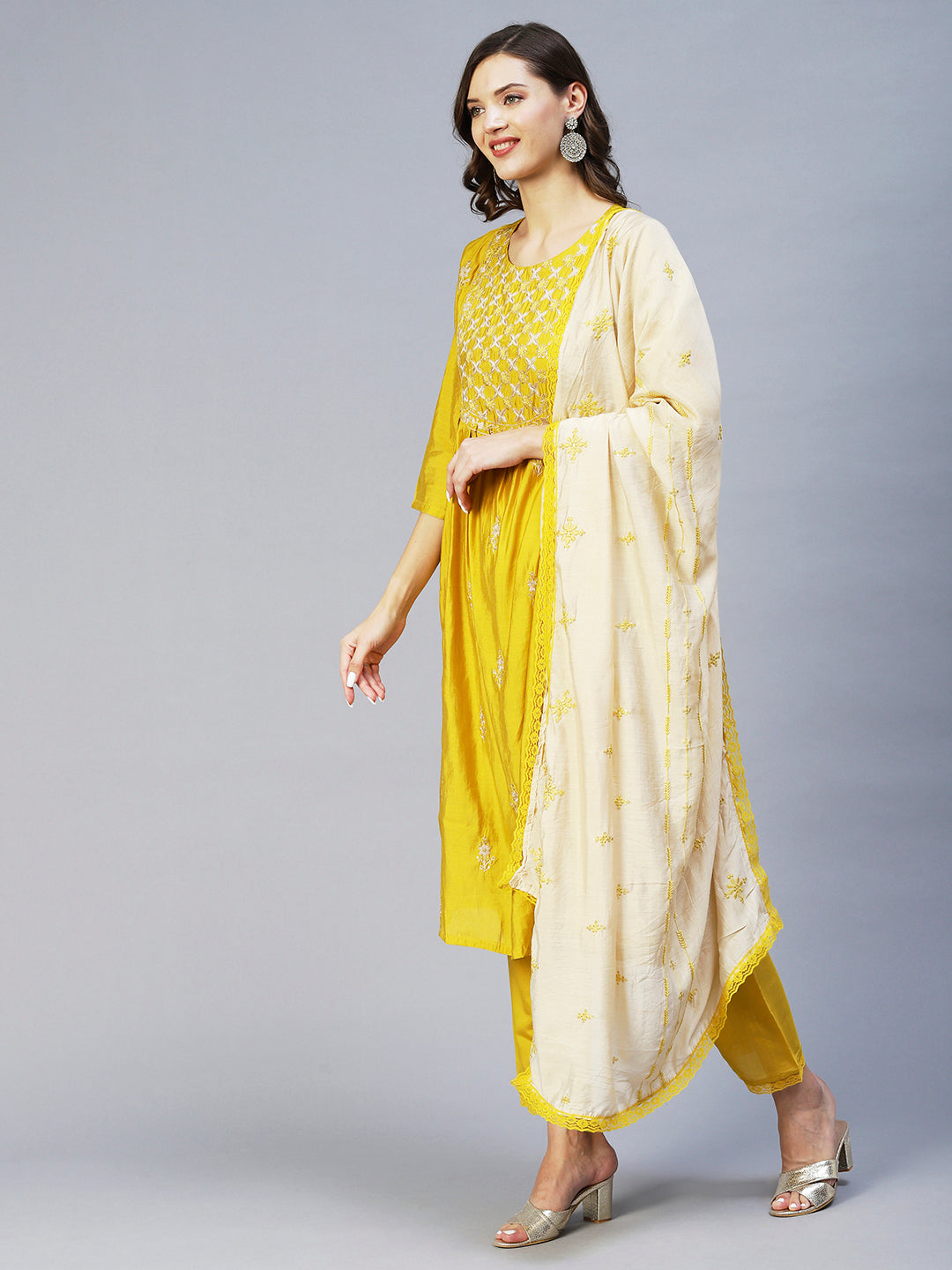 Fashor Ethnic Embroidered A-Line Kurta with Pant & Dupatta - Yellow - view 3