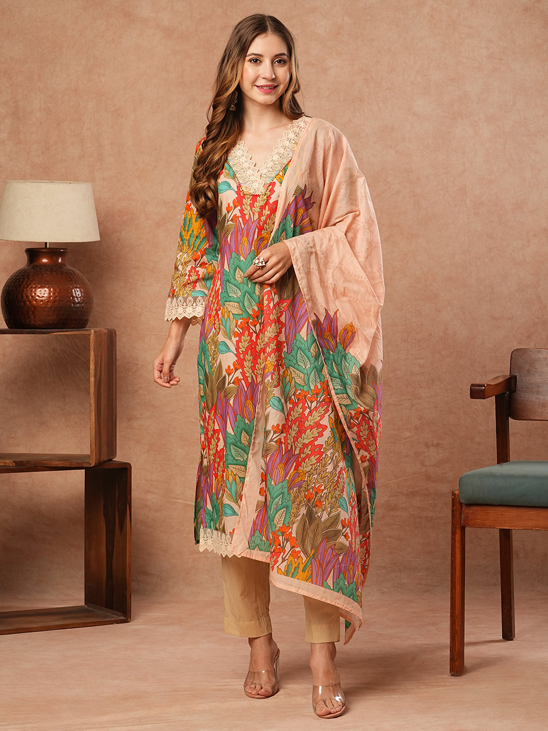 FASHOR Floral Printed Resham Embroidered Lace Work Kurta with Pants & Dupatta - Multi