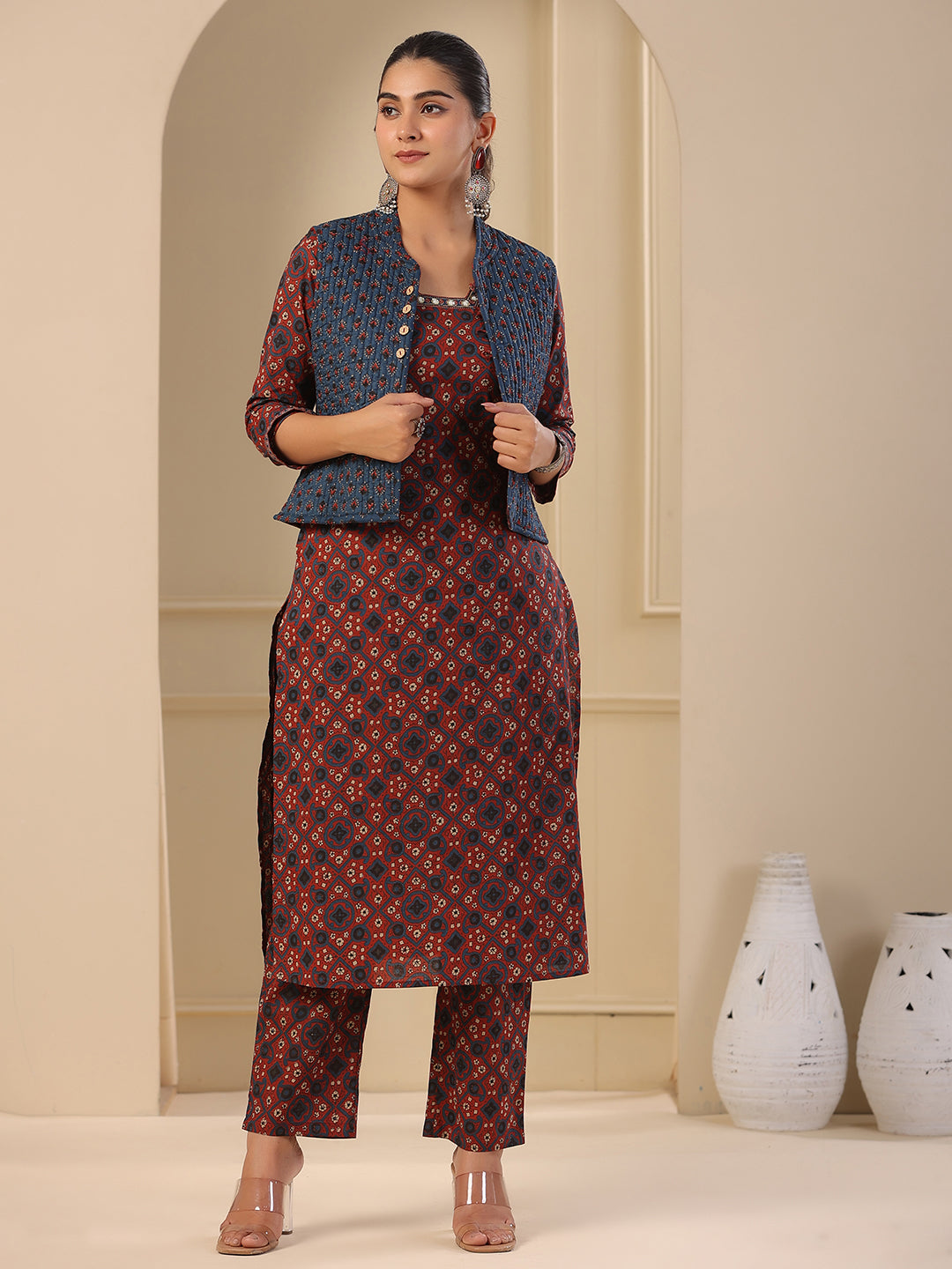 Fashor Ajrakh Block Printed Sequins Embroidered Kurta with Quilted Reversible Waist Coat & Pants - Maroon - view 2