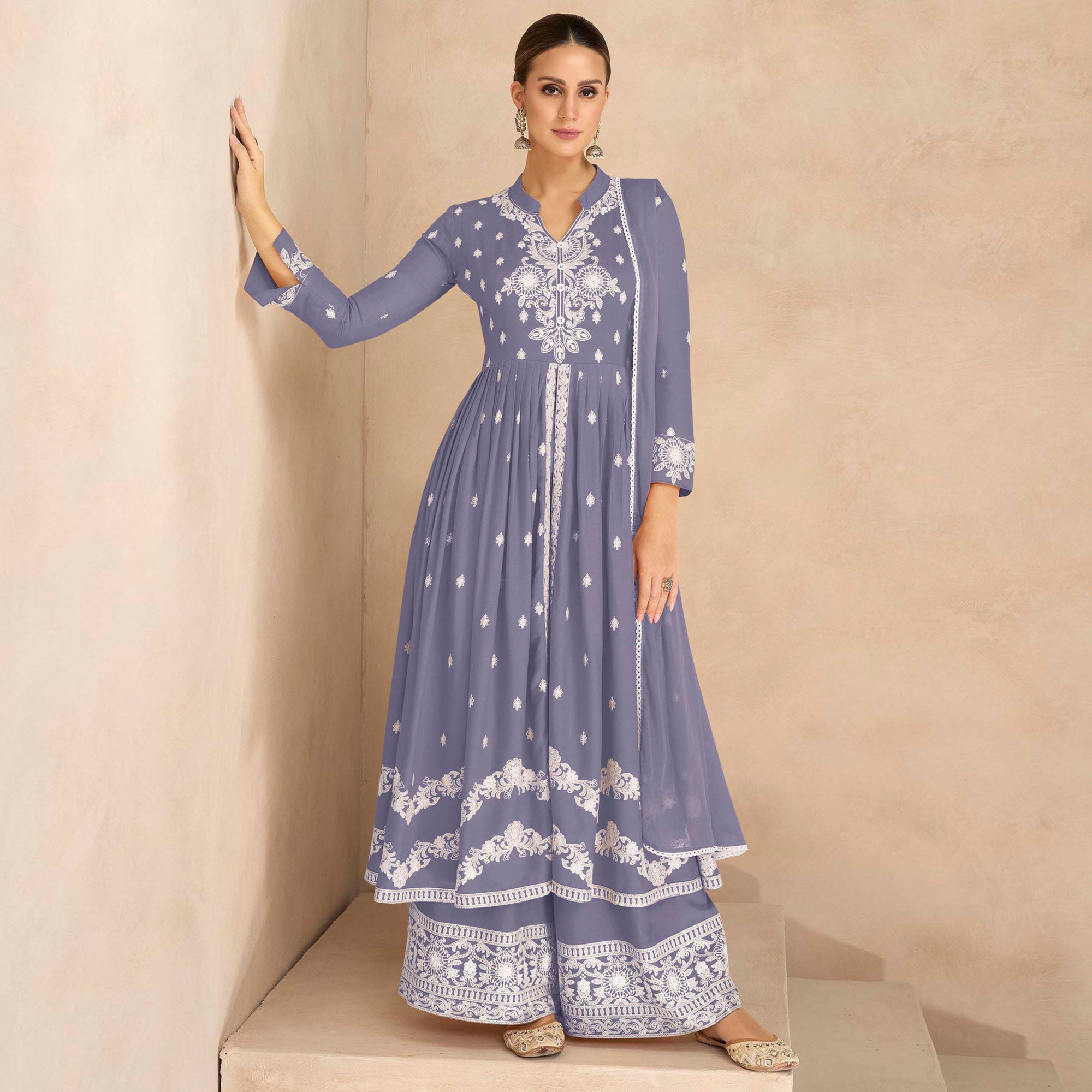 Peachmode Greyish Blue Floral Embroidered Rayon Palazzo Suit