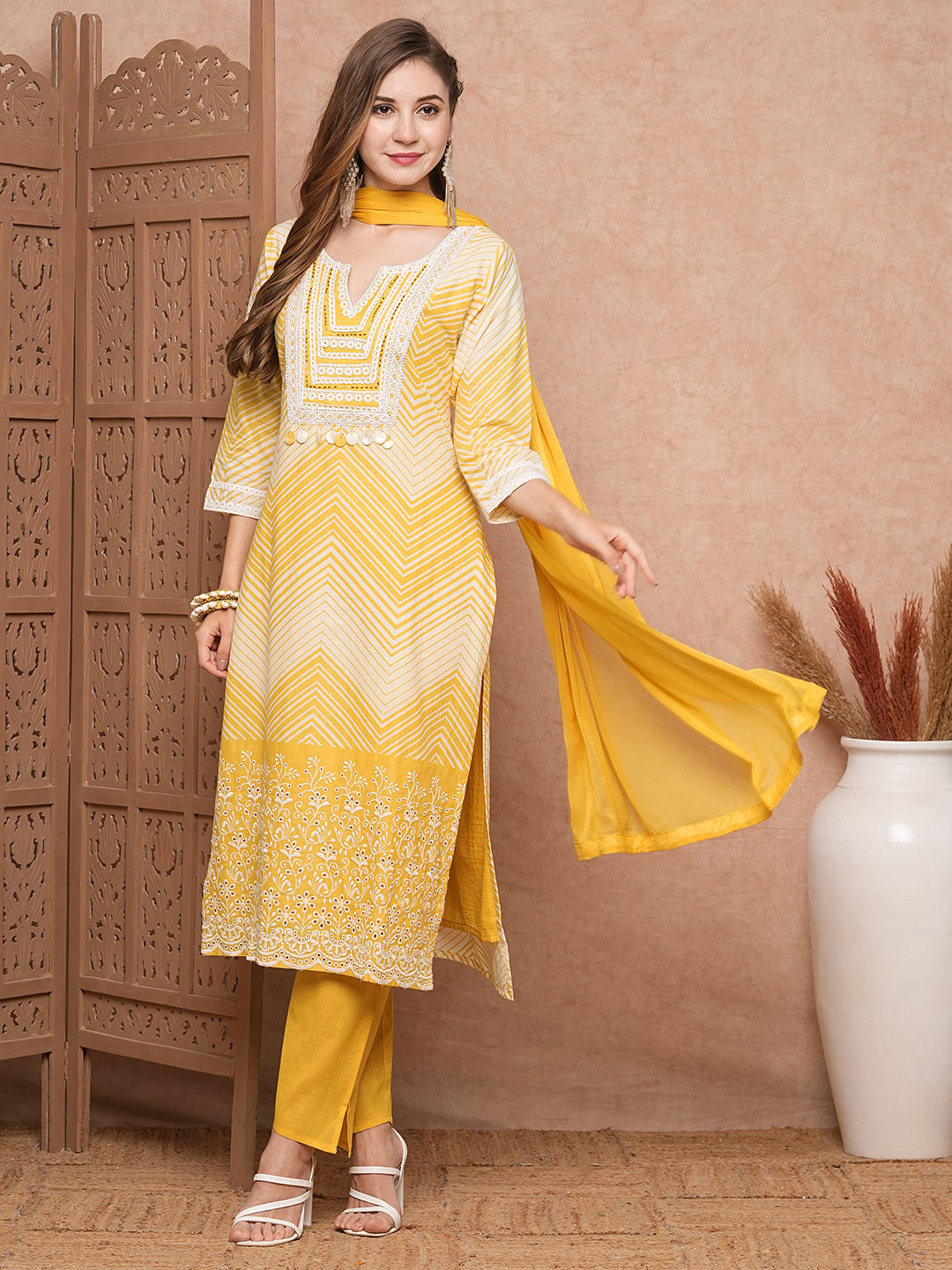 Fashor Chevron Printed Mother-of-Pearl Embellished Schiffili Kurta with Pants & Dupatta - Yellow