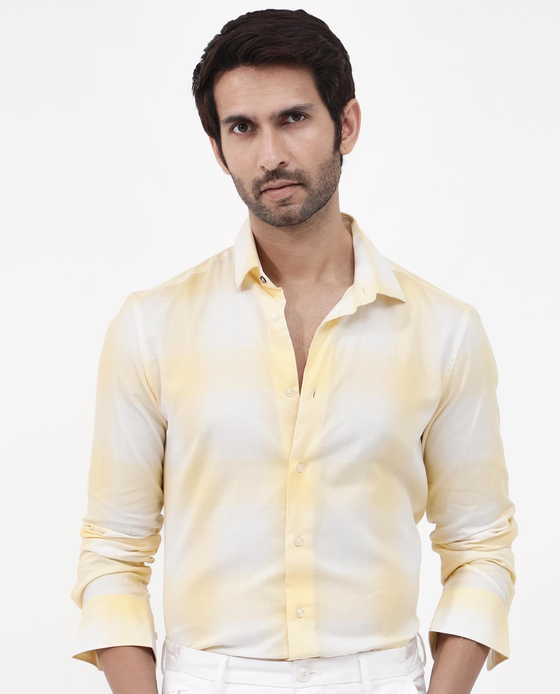 Rare Rabbit Mens Gabin Light Yellow Cotton Fabric Full Sleeve Checks Shirt - view 9