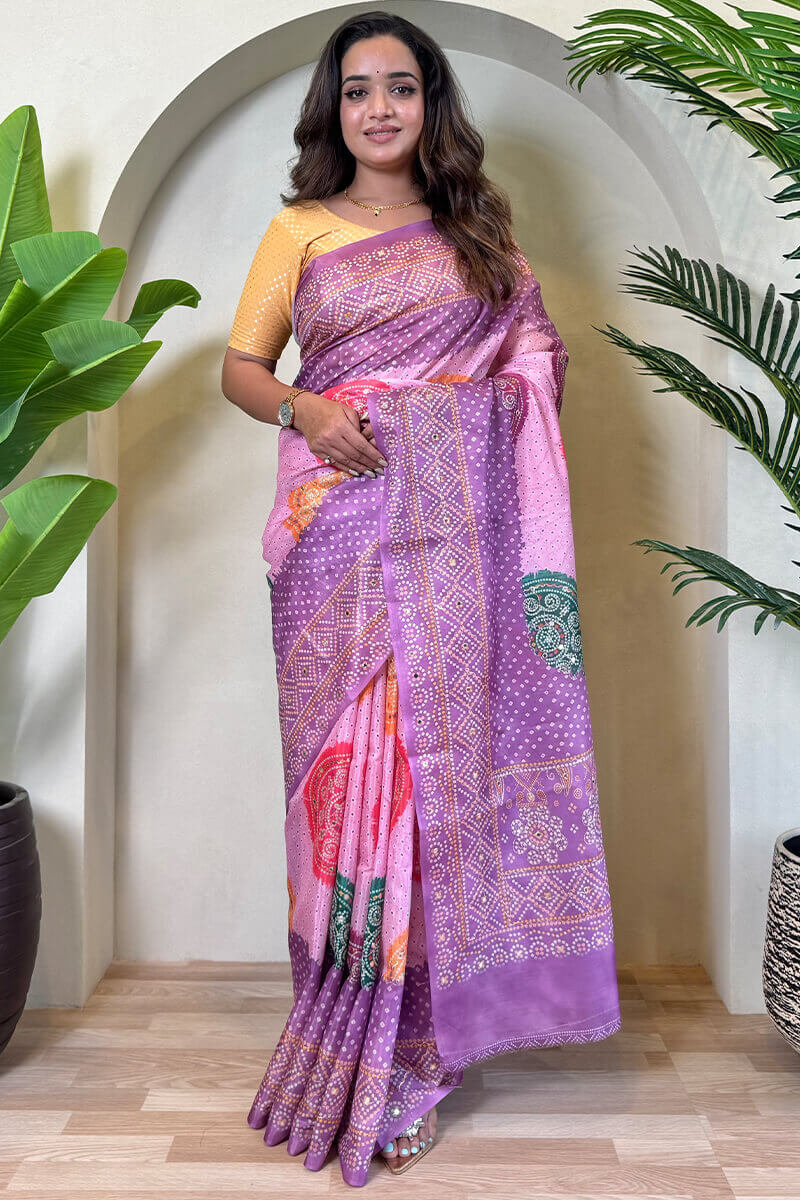 Tasrika Grandiose Lavender Digital Printed Tissue Silk Saree With Chatoyant Blouse Piece