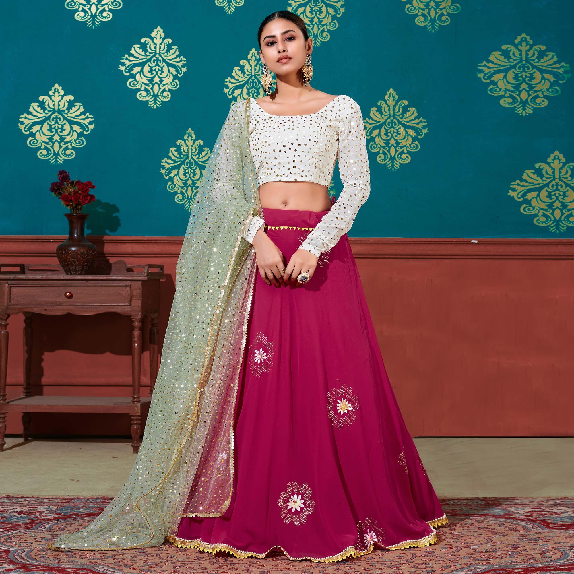 Peachmode Deep Pink-White Wedding Wear Pigment Foil Printed Work Georgette Lehenga Choli