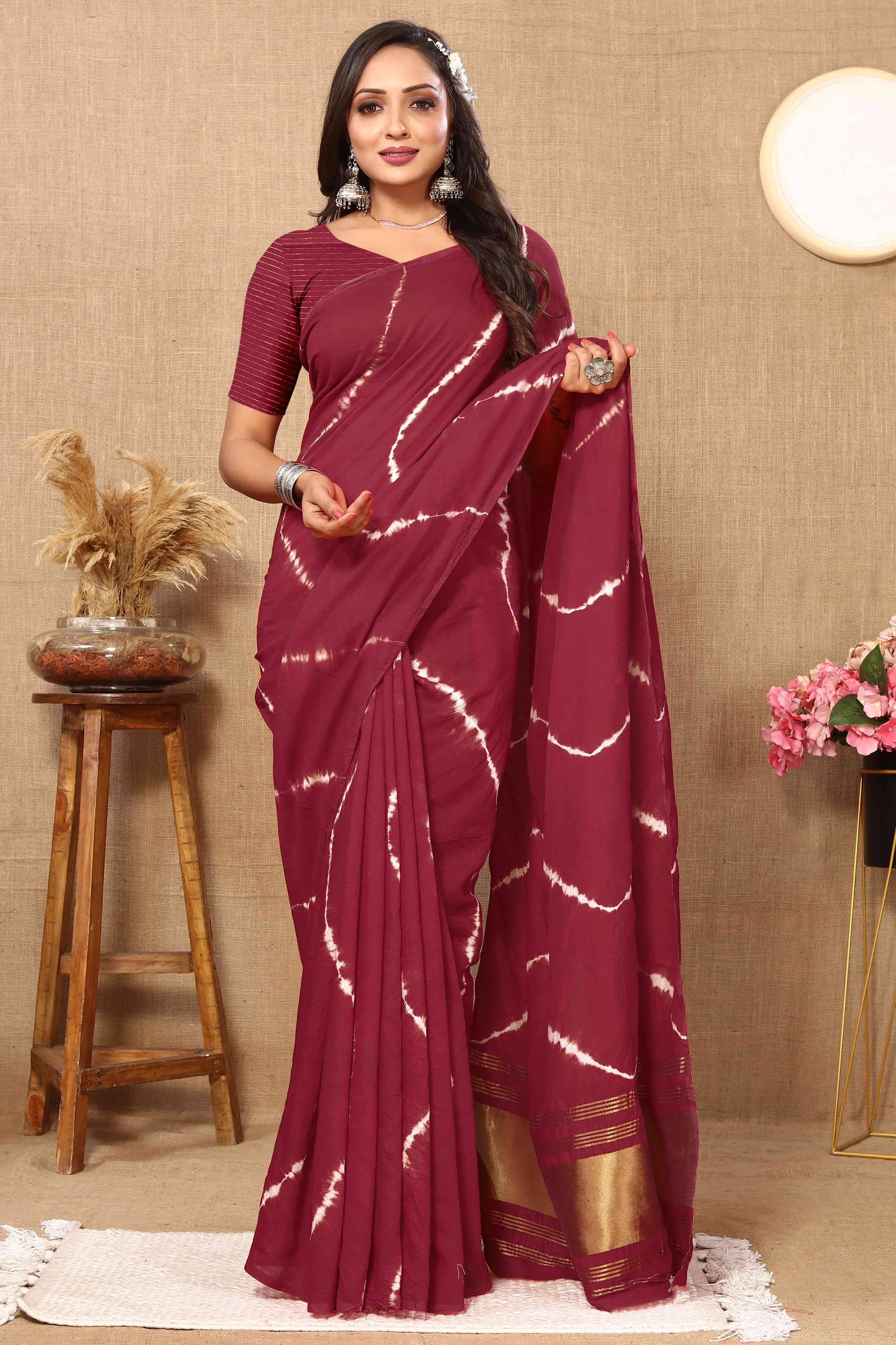 Peachmode Maroon Leheriya Printed Chanderi Cotton Silk Lagdi Patta Saree