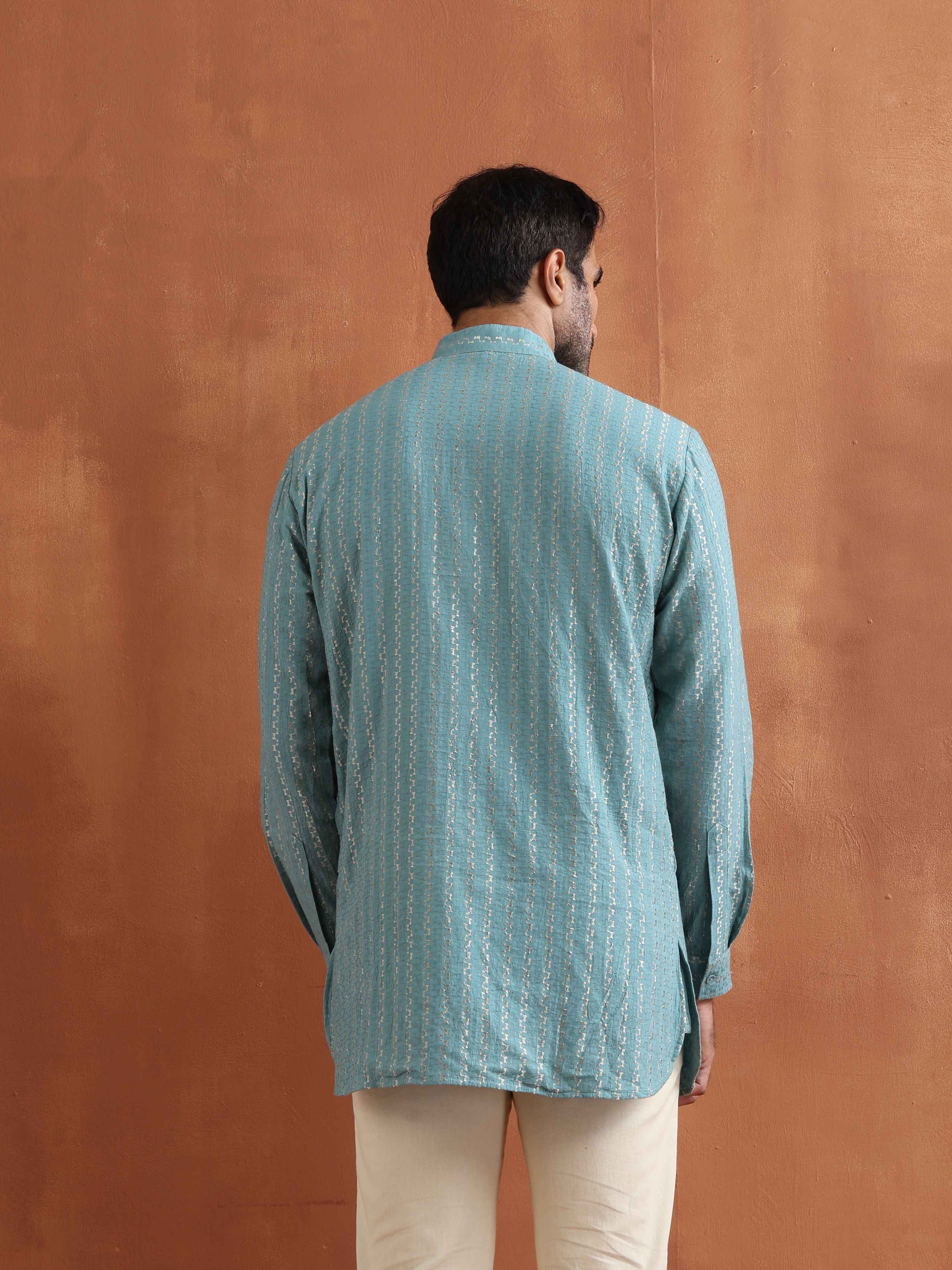 trueBrowns Men's Green Cotton Dobby Short Kurta - view 6