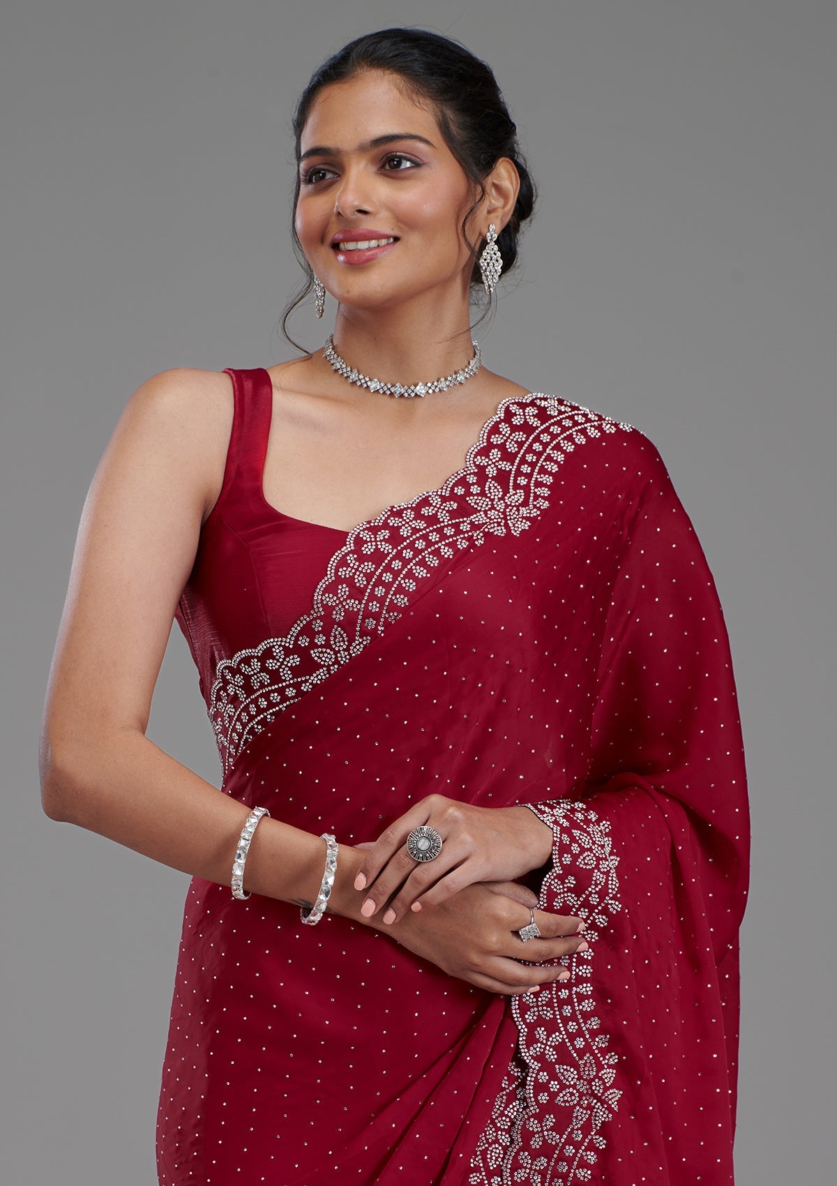 Koskii Maroon Swarovski Satin Saree – Women's - view 5