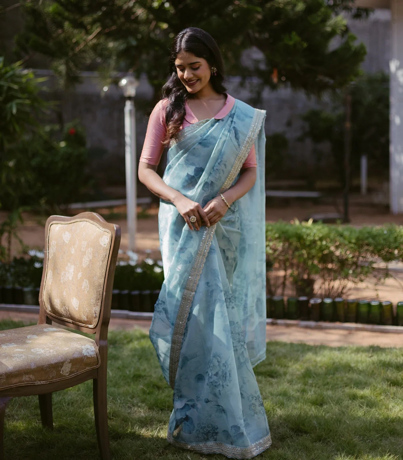 RmKV Turquoise Woven Organza Printed Saree With Embroidered Border