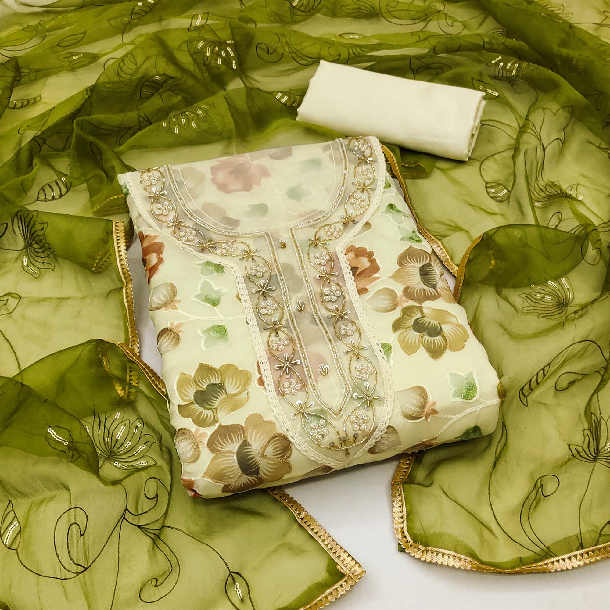 Peachmode Cream Floral Embroidered With Printed Organza Dress Material