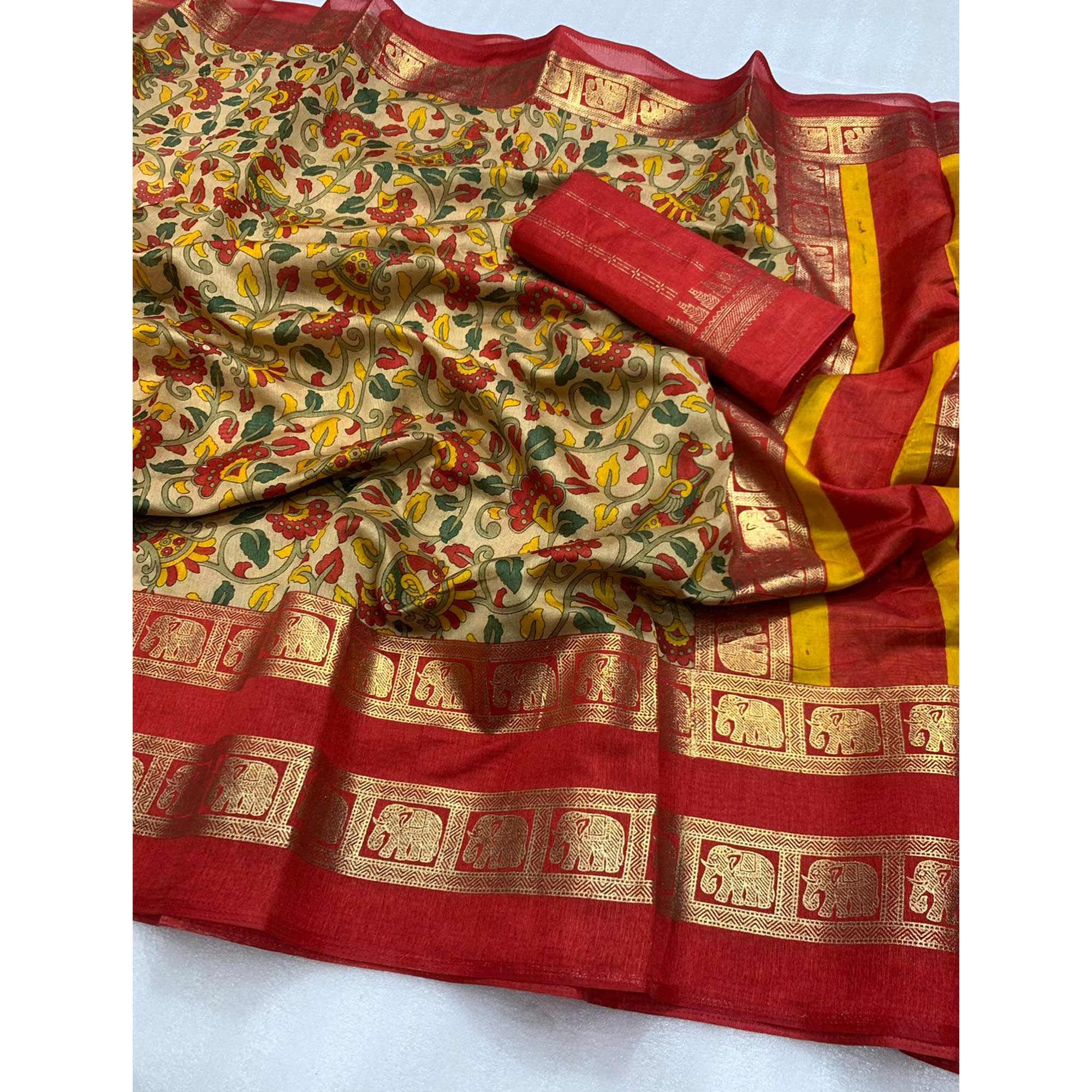 Peachmode Chikoo Floral Kalamkari Printed Dola Silk Saree - view 3