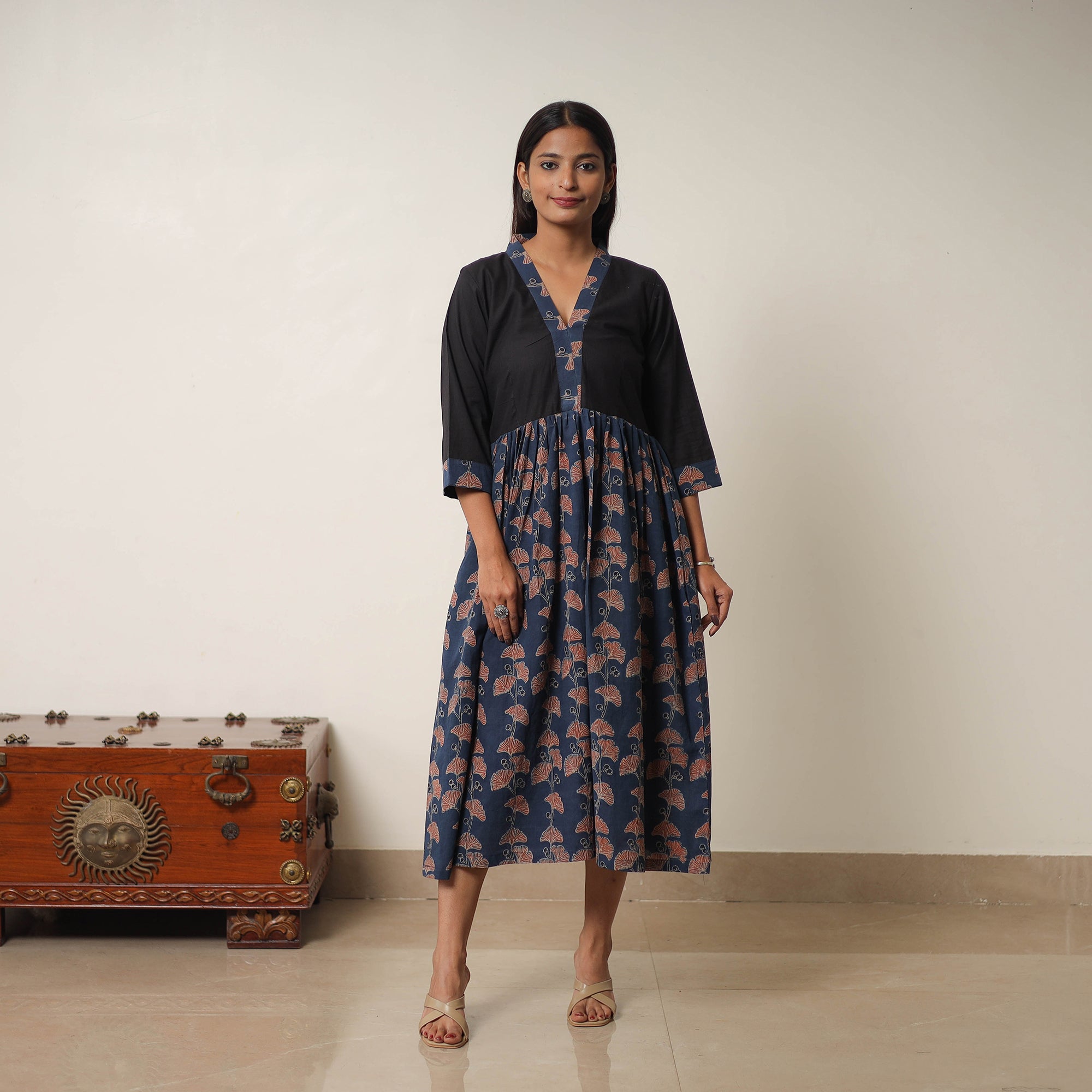 ITOKRI CASUALS Blue - Hand Block Print Cotton Flared Gher Ajrakh Dress 01 - view 2