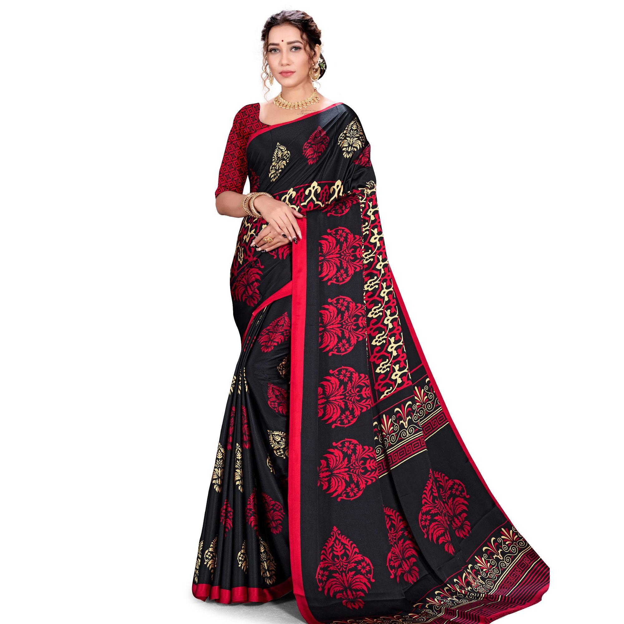 Peachmode Mesmerising Black Colored Festive Wear Printed Satin Crepe Saree
