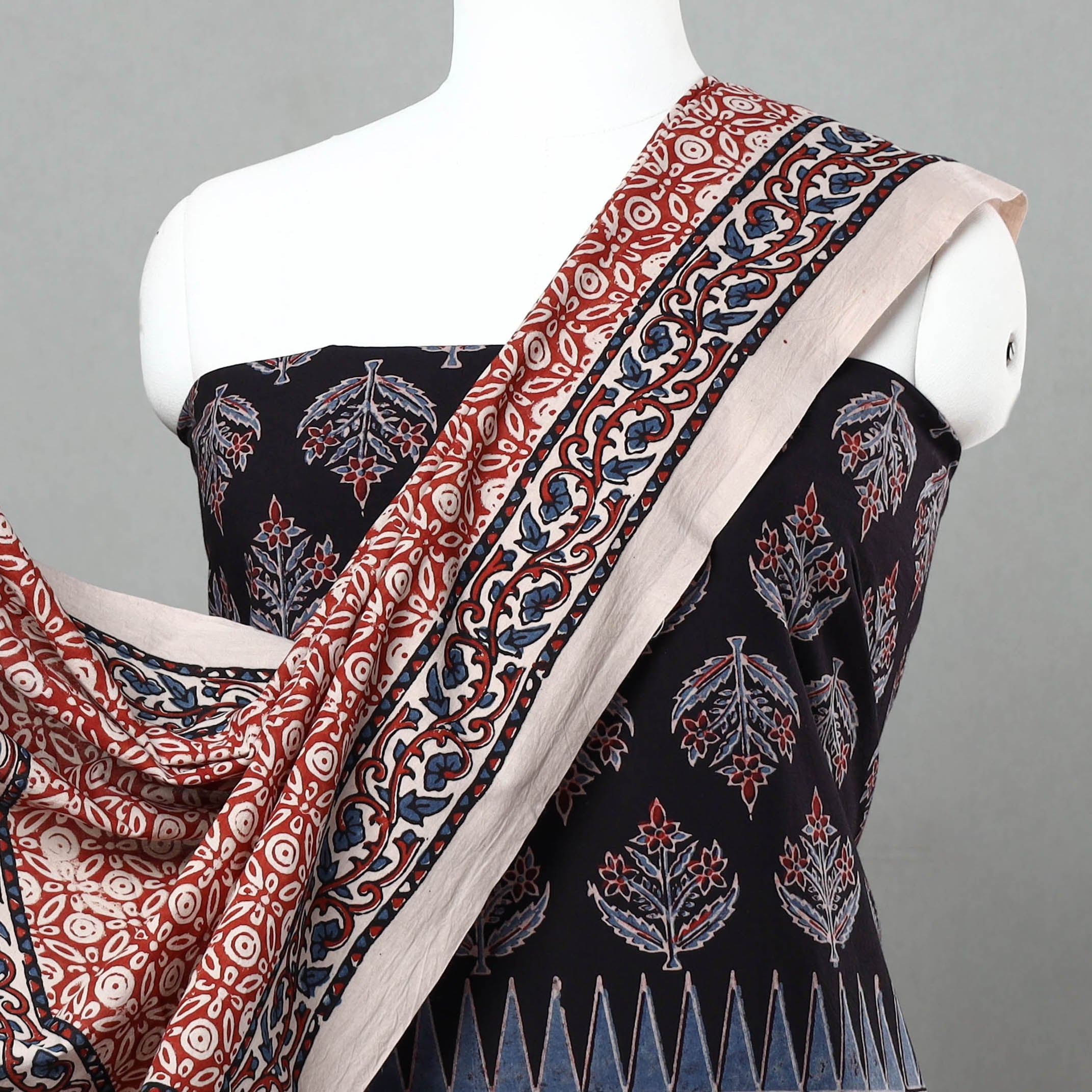 AJRAKH BY JABBAR KHATRI Black - 3pc Ajrakh Block Printed Natural Dyed Cotton Suit Material Set 15 - view 3