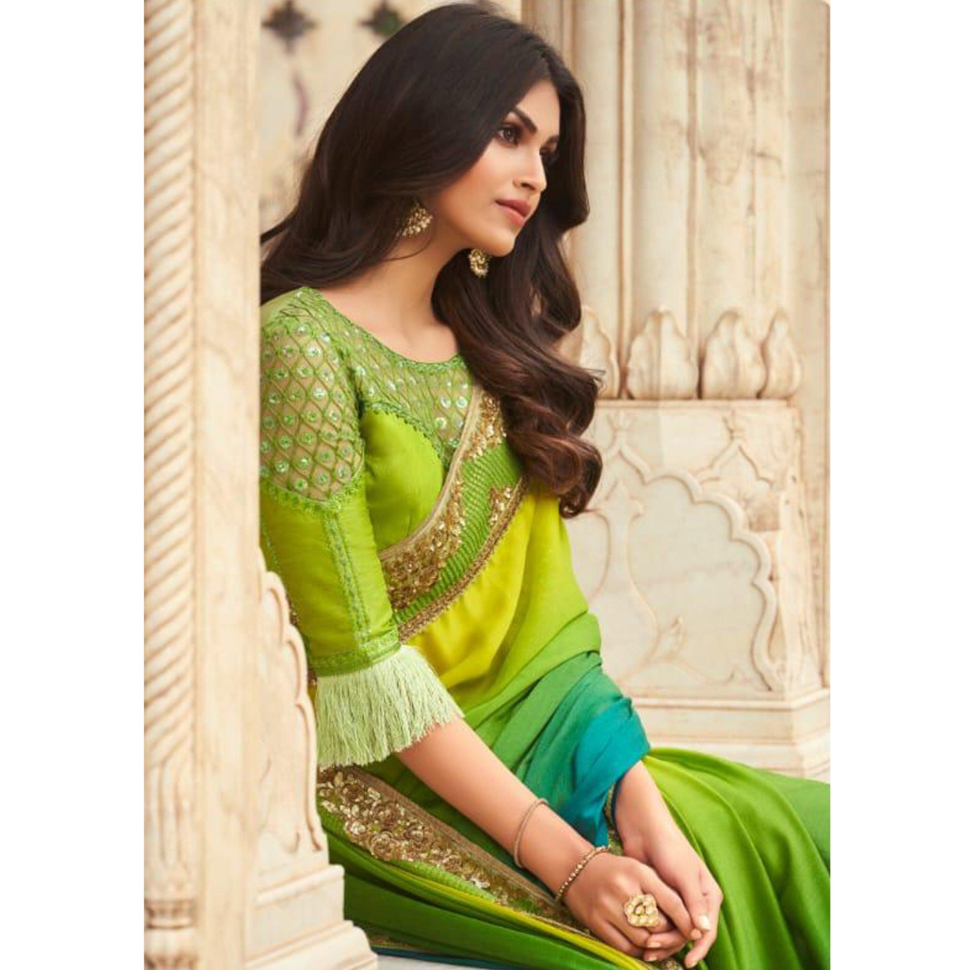 BlackTree green-and-blue-floral-sequence-embroidered-art-silk-saree - view 4
