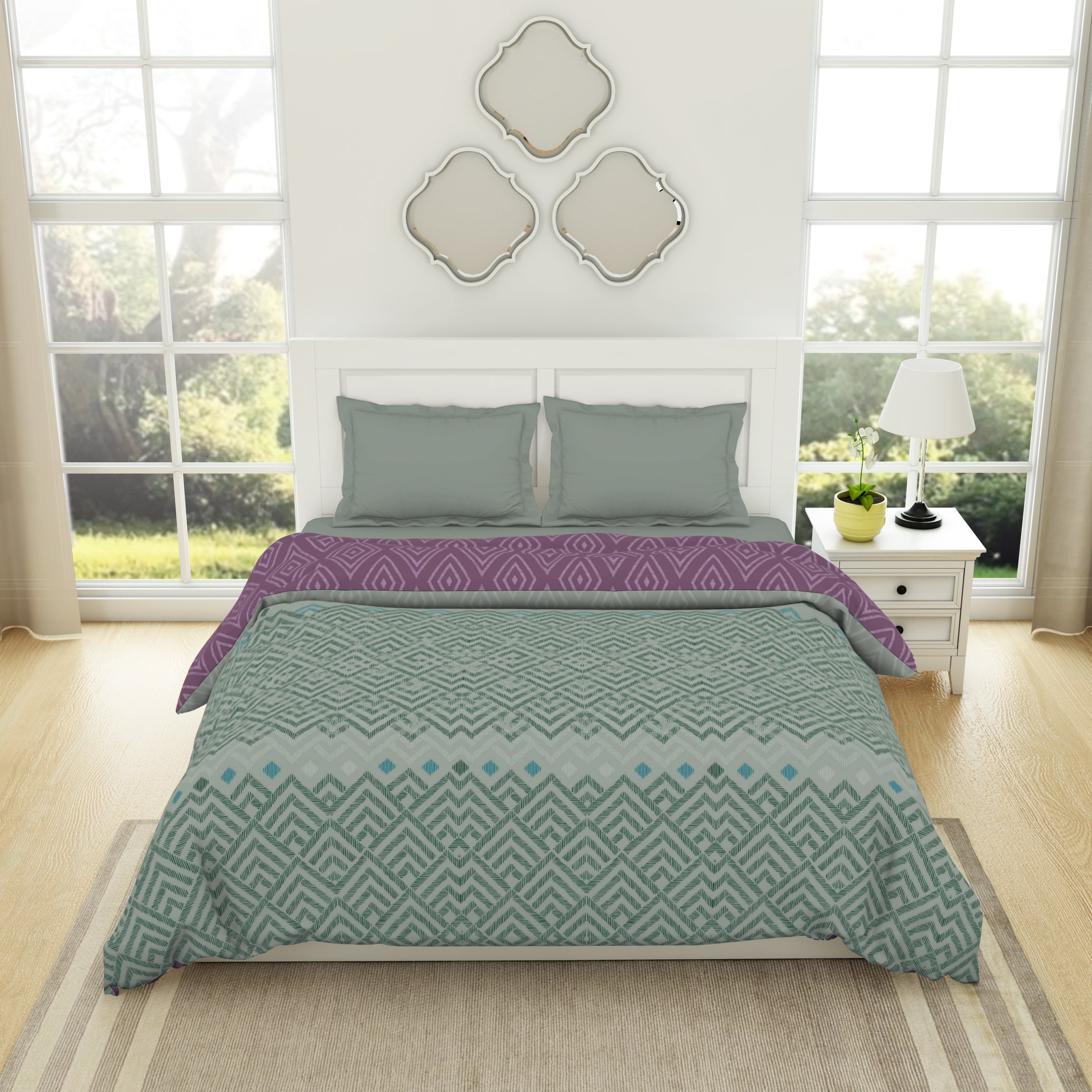 Spaces India Geometric Harbour Grey - Light Teal 100% Cotton Shell Double Quilt / AC Comforter - Geospace By Spaces