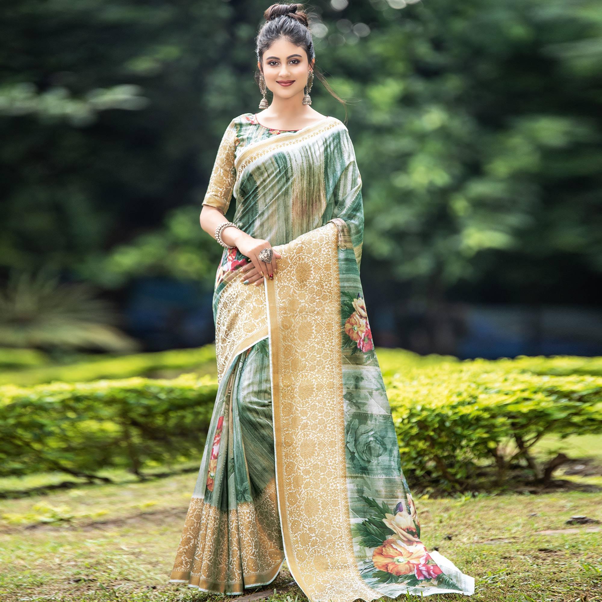 Peachmode Energetic Green-Beige Colored Partywear Digital Printed Organza Saree