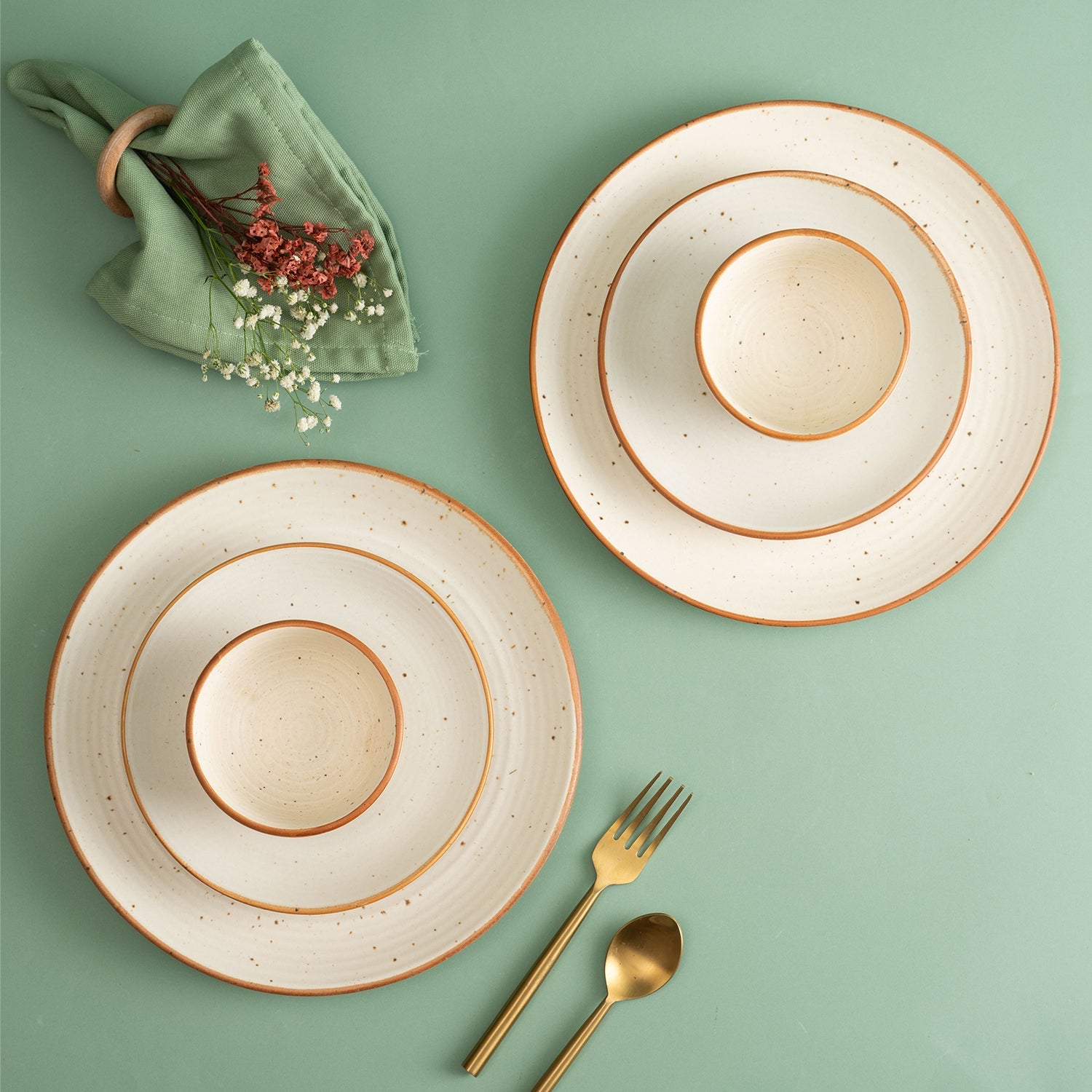 Urban Space Home Furnishing Handmade Ceramic Full dinner set for 2, 2 pieces each of dinner plate, quarter plate and katori bowls, Set of 6, Natural B