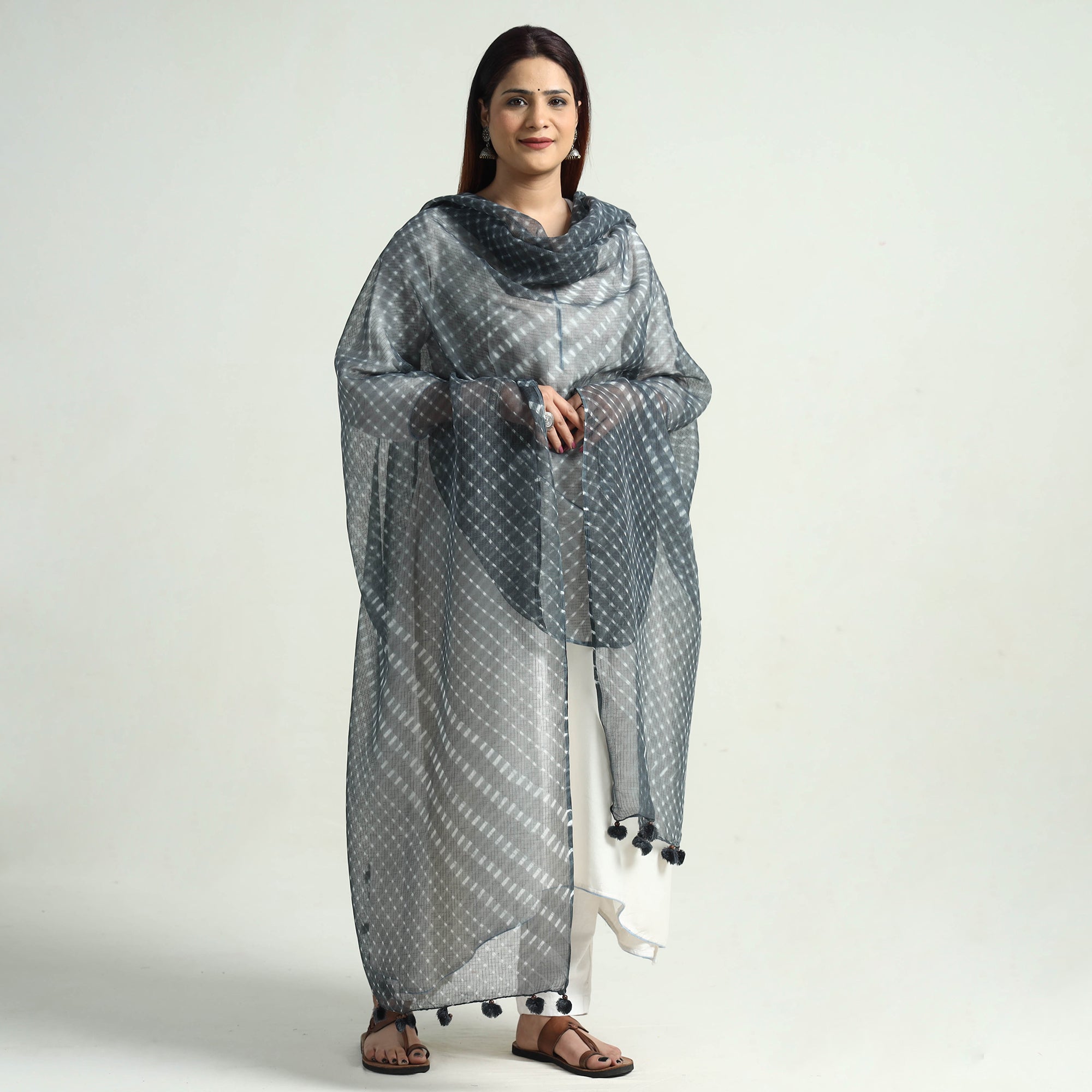LEHARIYA BY BADSHAH MIYAN Black - Leheriya Tie-Dye Mothra Kota Doria Cotton Dupatta with Tassels 17 - view 2