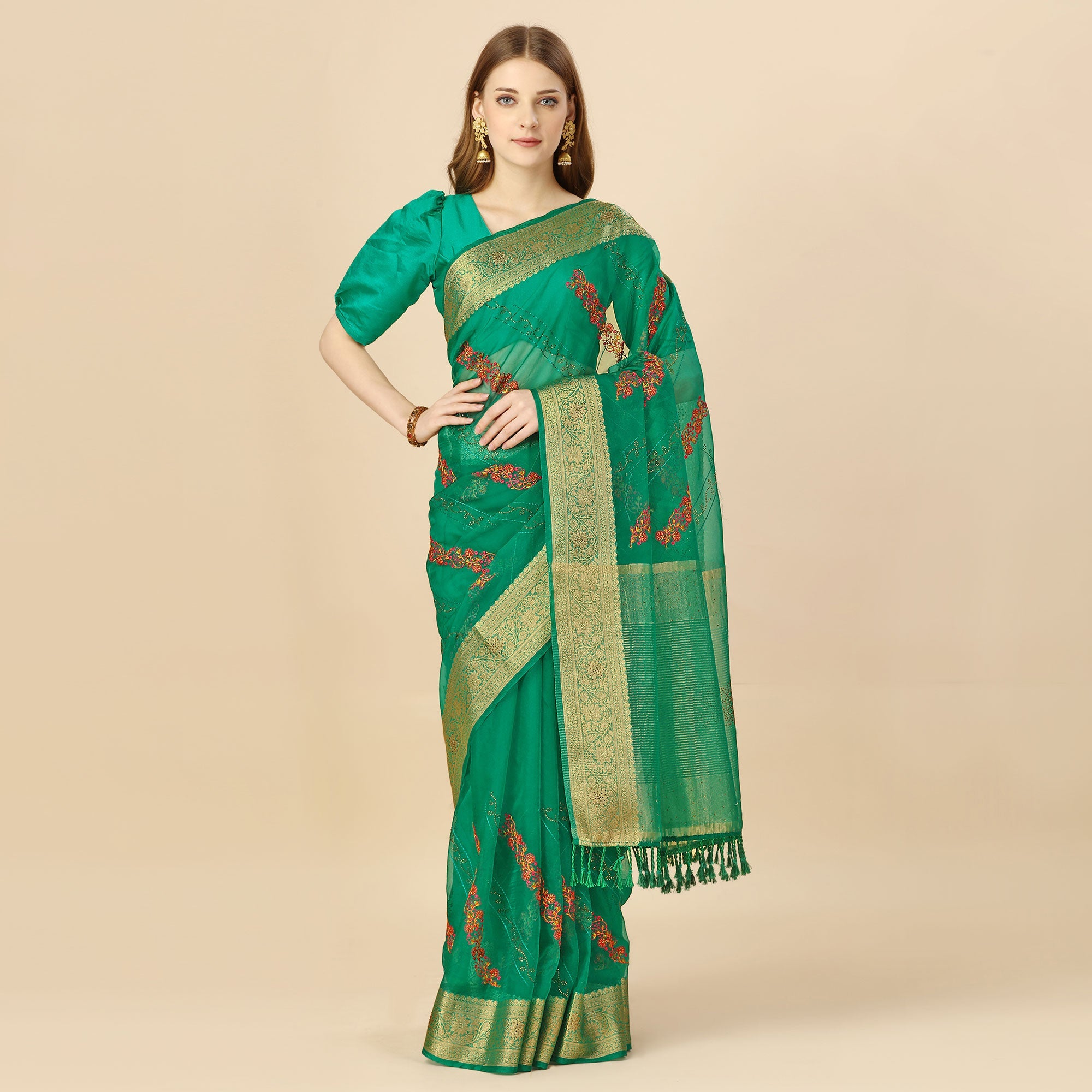 BlackTree green-floral-embroidery-with-swarovski-work-organza-saree - view 2