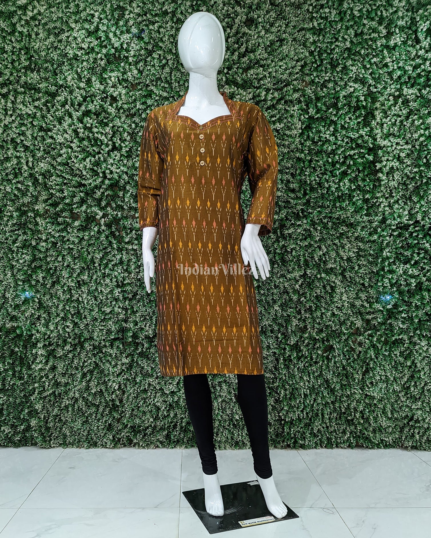 IndianVillèz Deep Golden Pochampally Ikat Designer Cotton Kurti