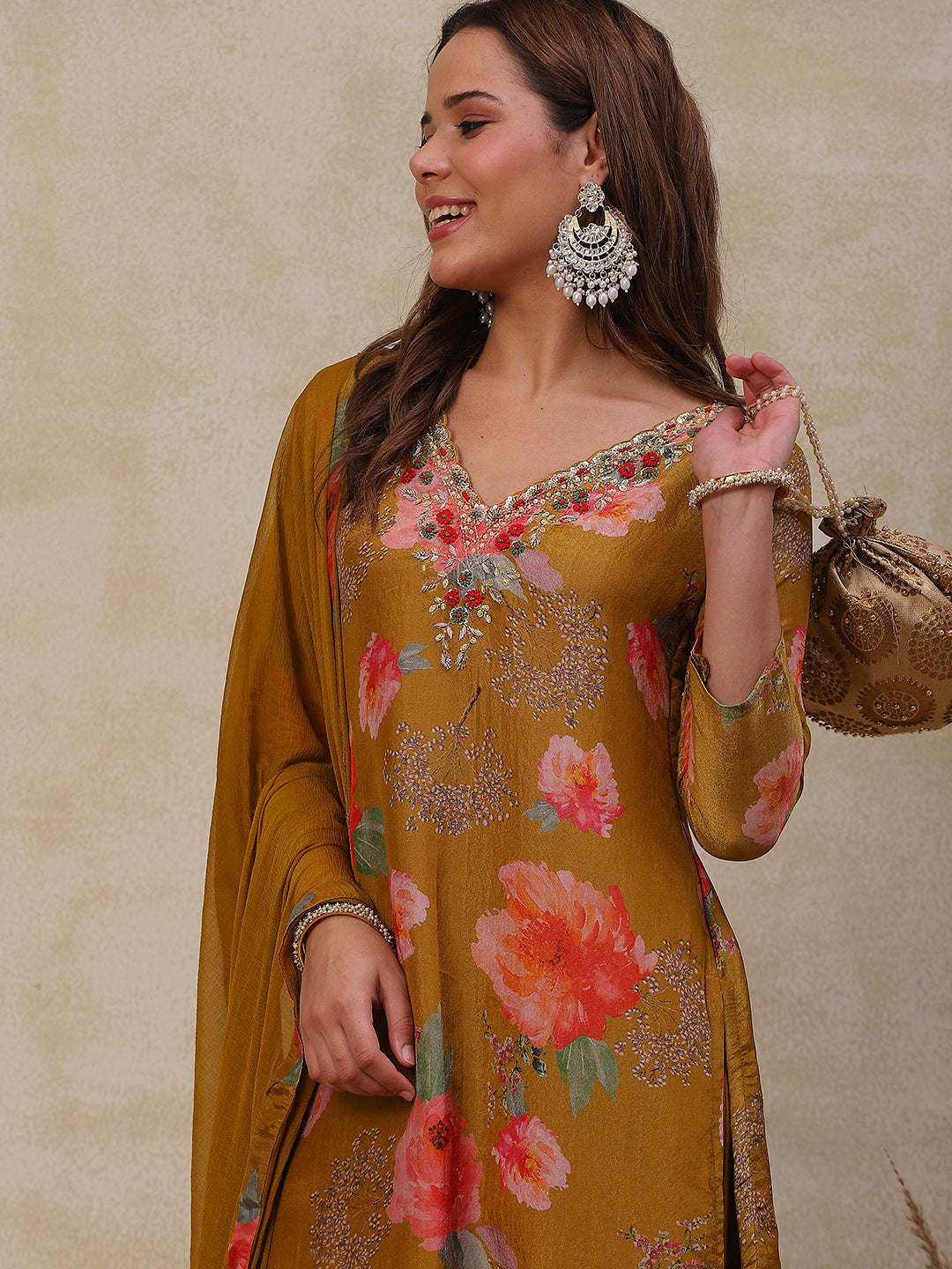 Fashor Floral Printed Zardozi Embroidered shimmer Kurta with Pants & Dupatta - Mustard - view 2