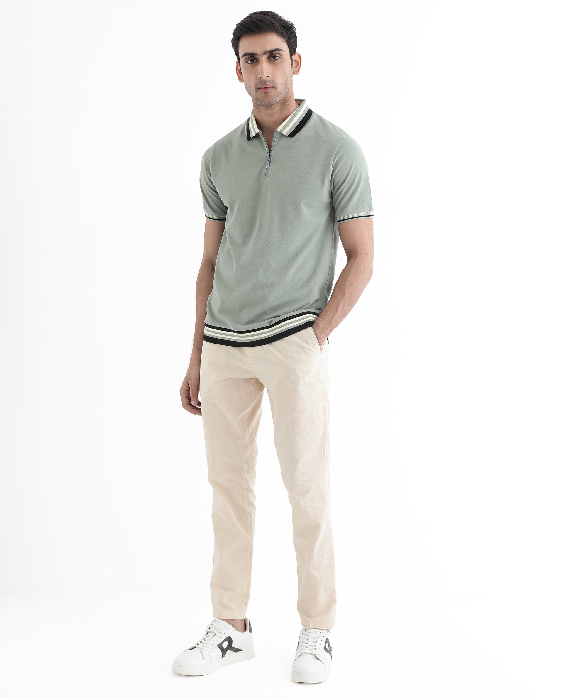 Rare Rabbit Men's Zyte Dusky Green Cotton Fabric Short Sleeves Regular Collar Zipper Closure Plain Knit Polo T-Shirt - view 2