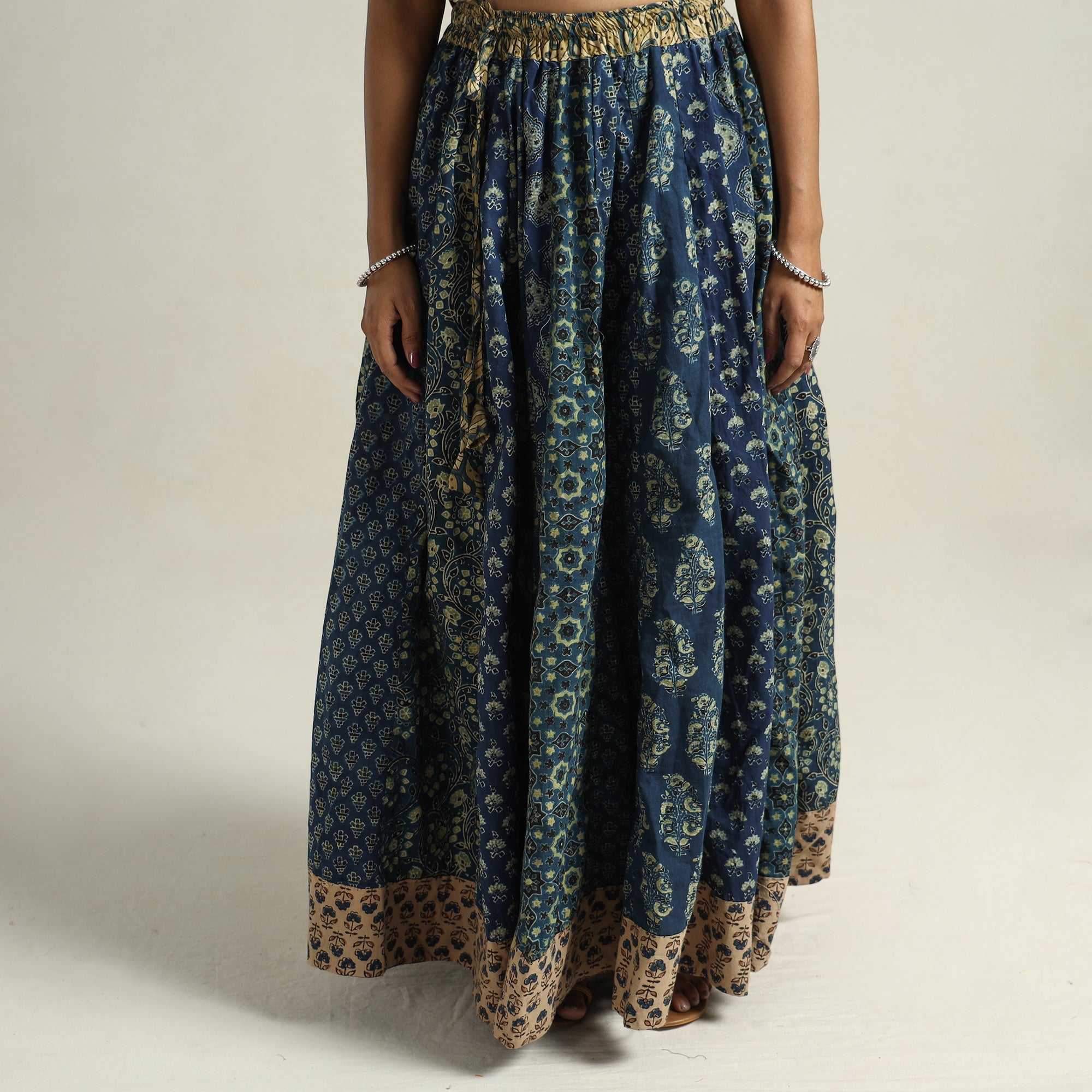 NOORI BAZAR Blue - Ajrakh Block Printed 24 Kali Patchwork Cotton Long Skirt 31 - view 4