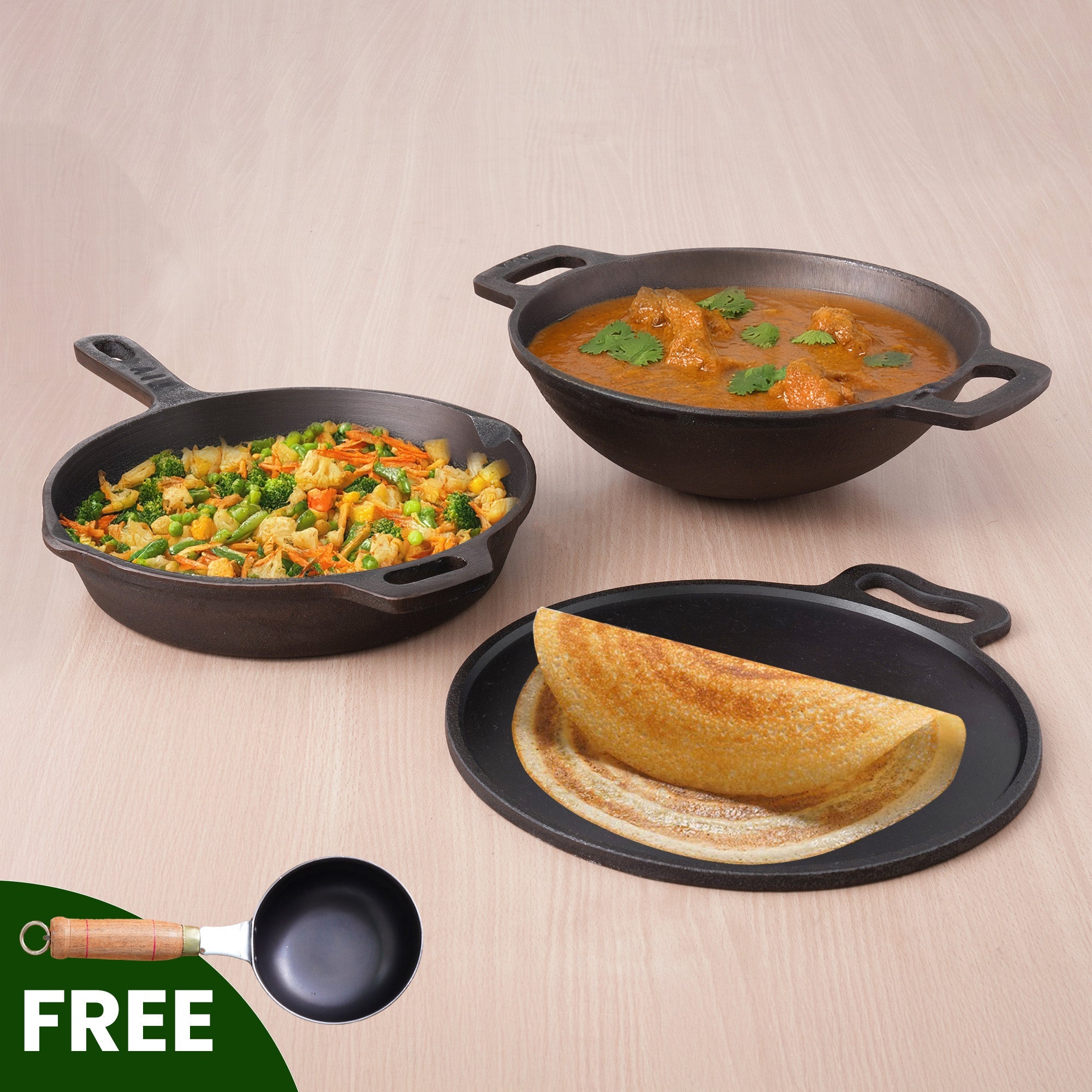 The Indus Valley Super Smooth Cast Iron Set: Free ₹400 Tadka Pan+ Frypan+ Kadai+ Tawa, Kitchen set for Home, Nonstick, 100% Pure,Toxin-free