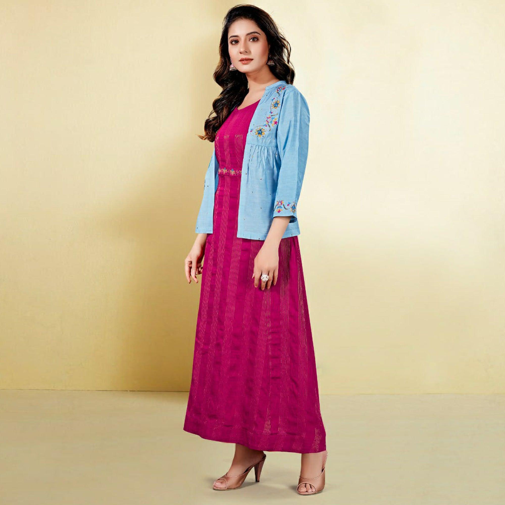 Peachmode Capricious Sky Blue - Pink Colored Partywear Embroidered Cotton Silk Kurti With Jacket