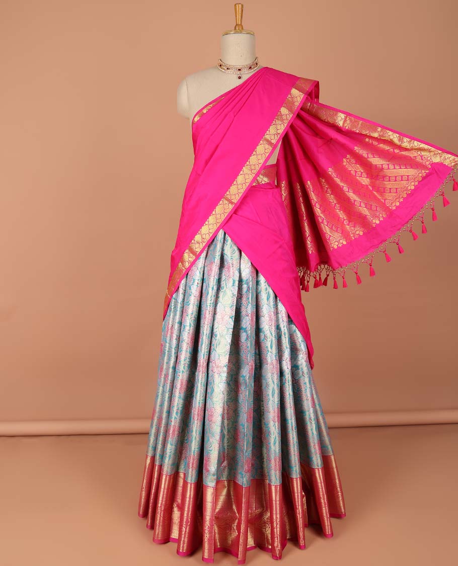 Pothys Blue floral vine design art-silk half saree, contrast traditional zari border,zari design blouse & striped geometric dhavani