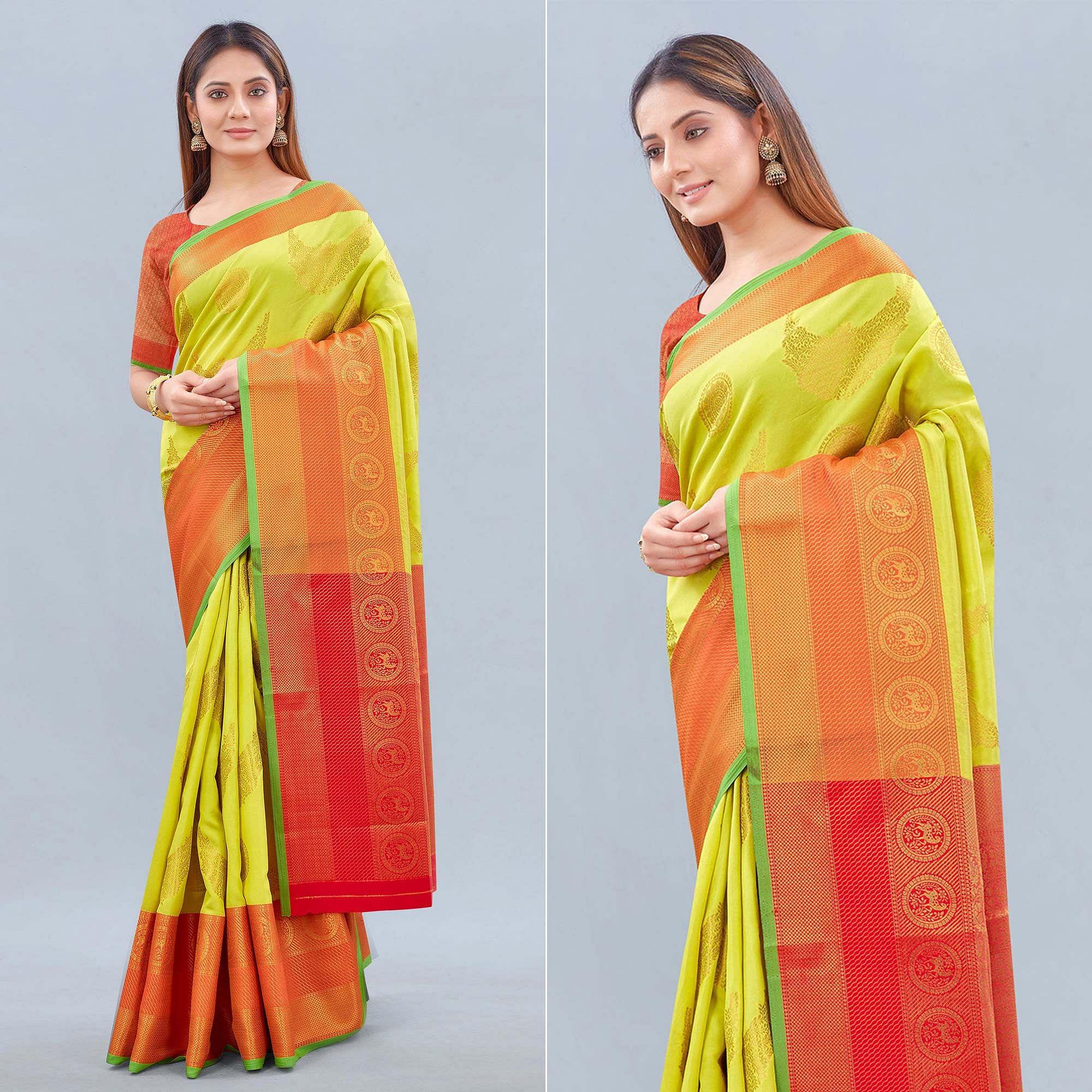 Peachmode Lime Green Woven Banarasi Silk Saree
