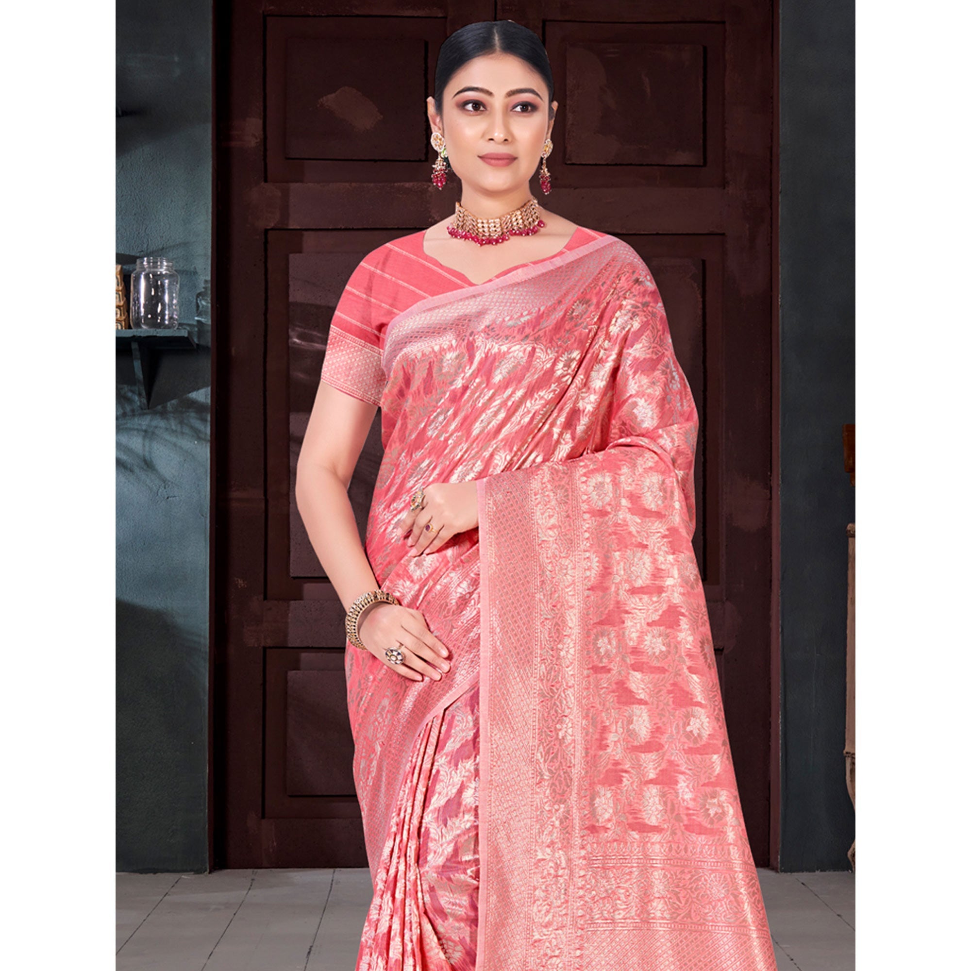 Peachmode Gajari Pink Floral Woven Cotton Blend Saree - view 4