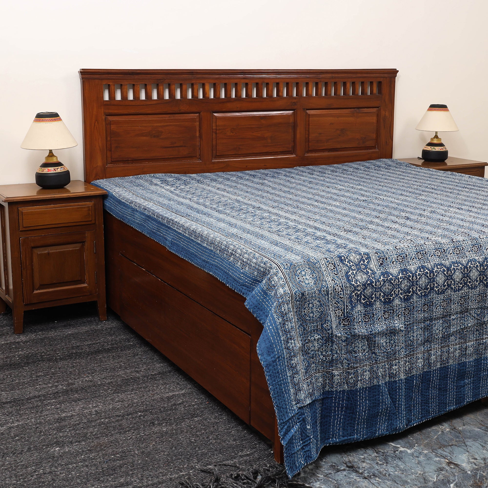 SHADES OF MARUDHARA Green - Ajrakh Print Double Tagai Kantha Bed Cover 46