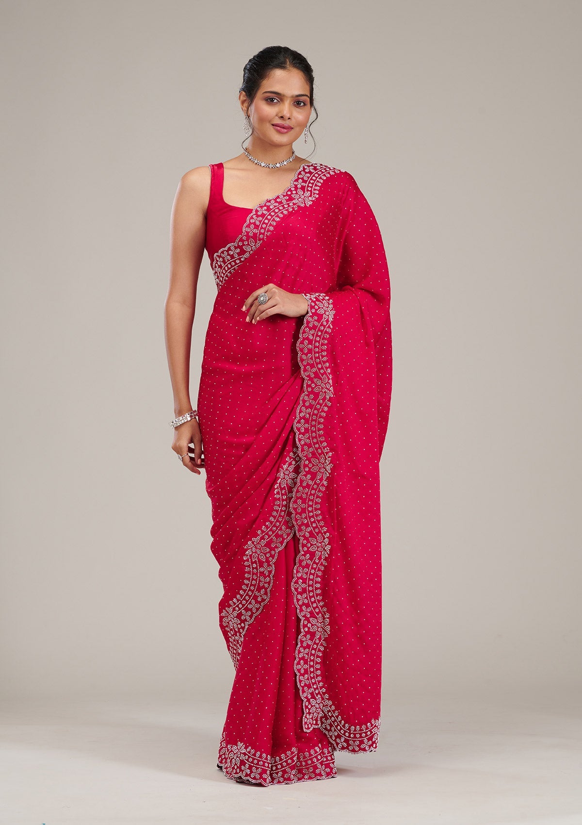 Koskii Rani Pink Swarovski Satin Saree – Women's - view 3