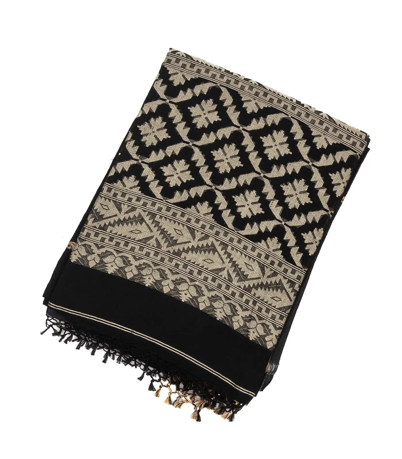 RmKV Black Handloom Bengal Cotton Saree With Mango Buttas