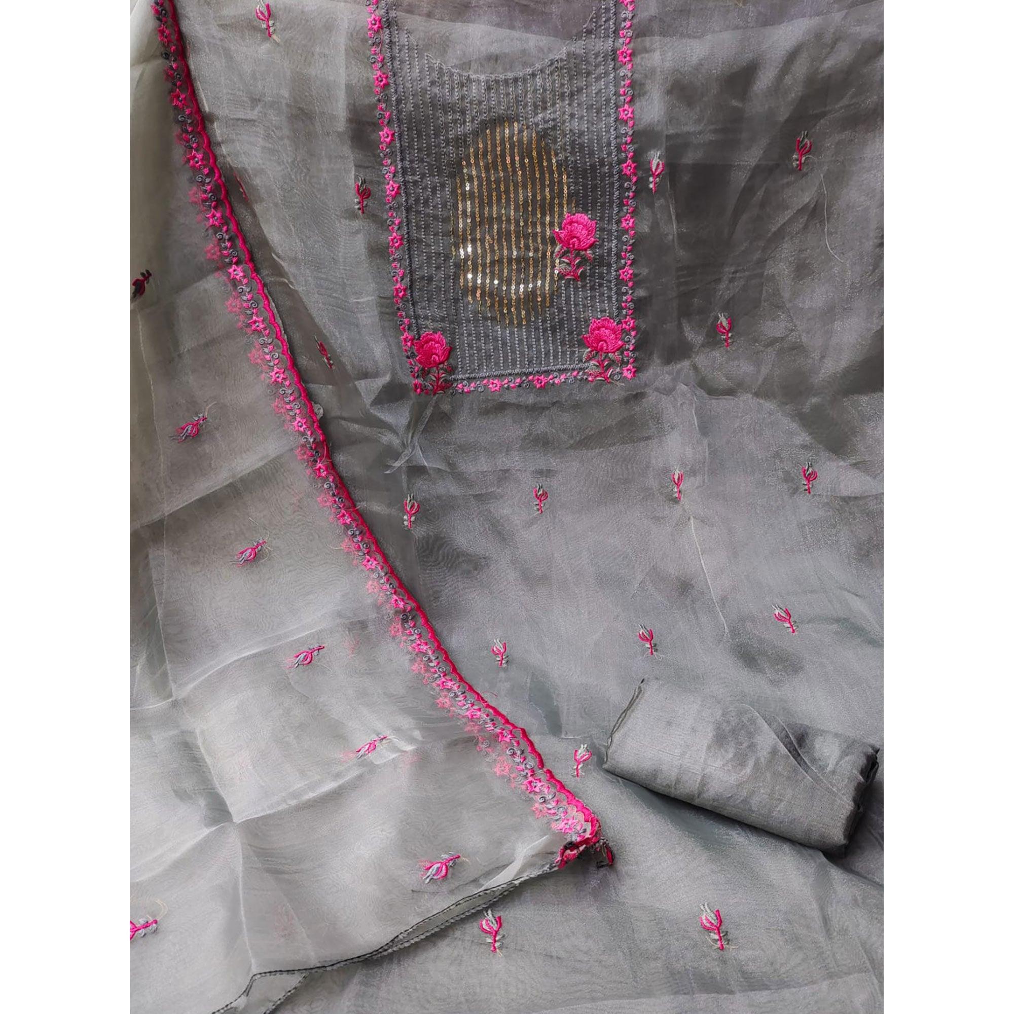 Peachmode Grey Sequins Floral Embroidered Organza Dress Material - view 3