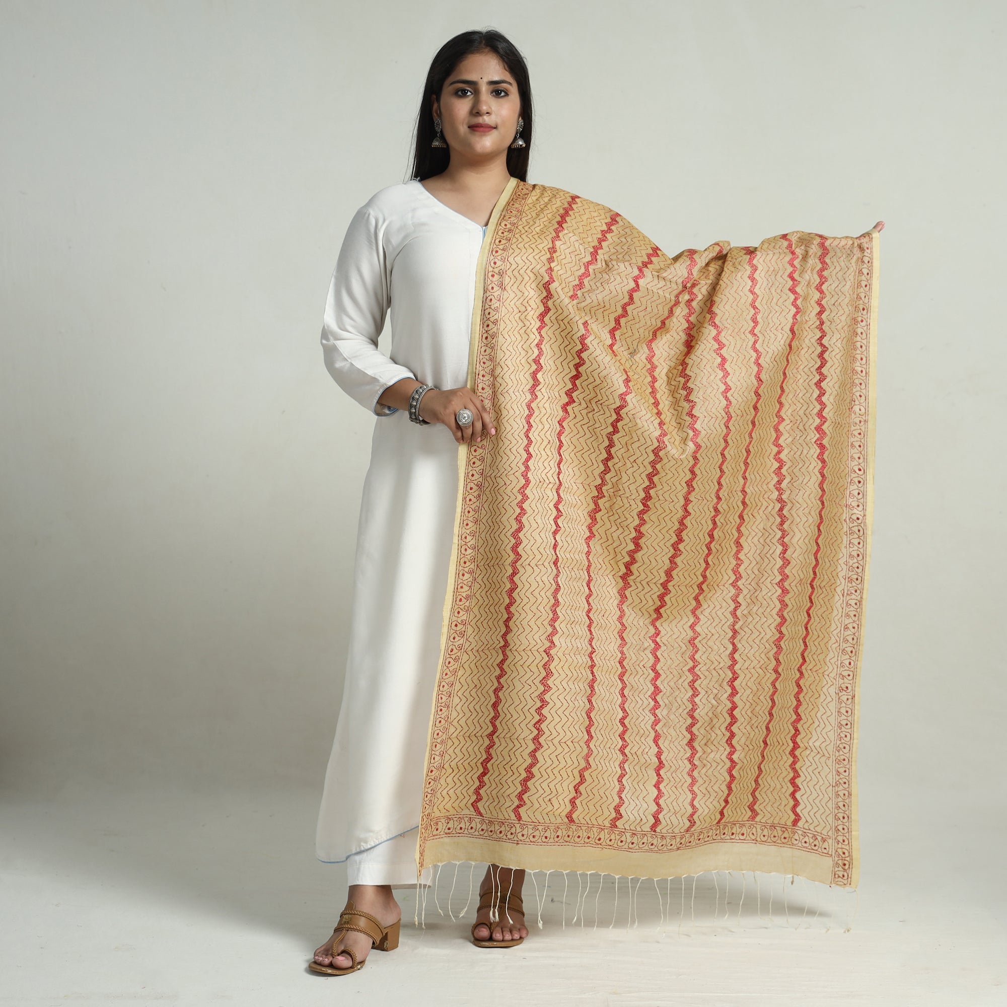 KHUSHBASH - HAPPY LOOM OF EAST Beige - Bengal Kantha Embroidery Tussar Silk Cotton Handloom Dupatta with Tassels 23