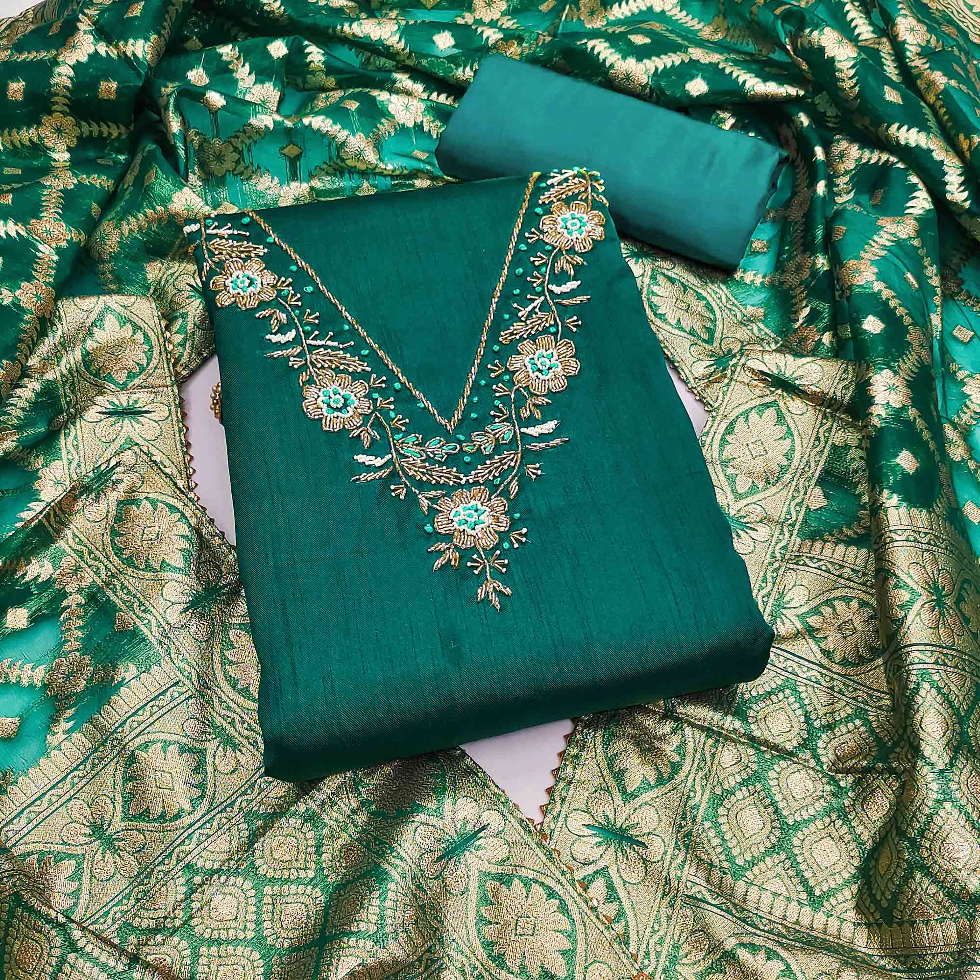 Peachmode Rama Green Floral Hand Embroidered Cotton Blend Dress Material