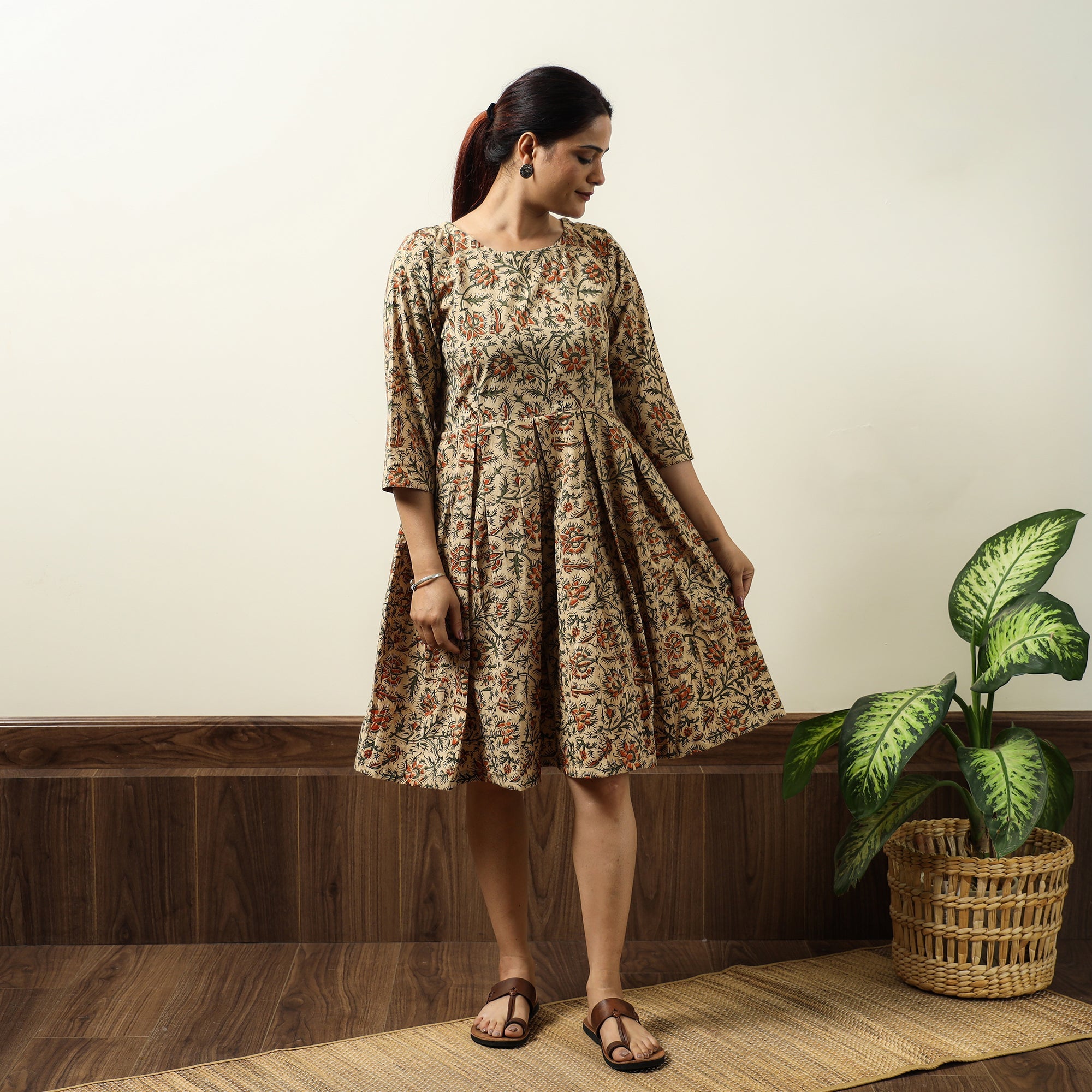 ITOKRI CASUALS Beige - Kalamkari Block Printed Cotton Flared Gher Short Dress 08