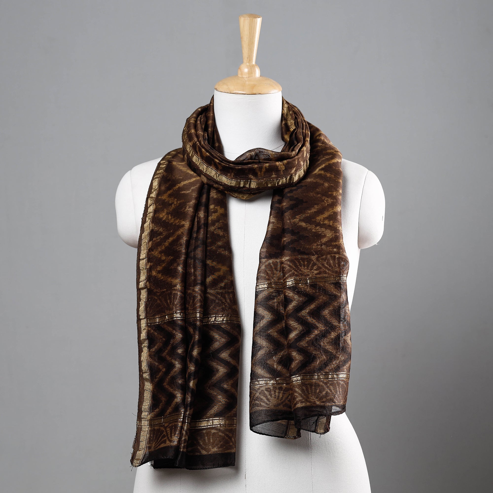 BAGRU DABU PRINTS Brown - Bagru Block Printed Chanderi Silk Handloom Stole with Zari Border
