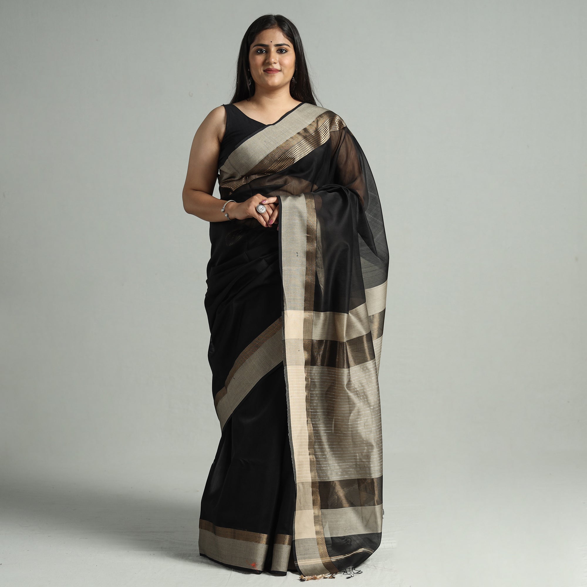 ITOKRI CRAFTS INITIATIVE Black - Traditional Handloom Maheshwari Silk Cotton Saree 58