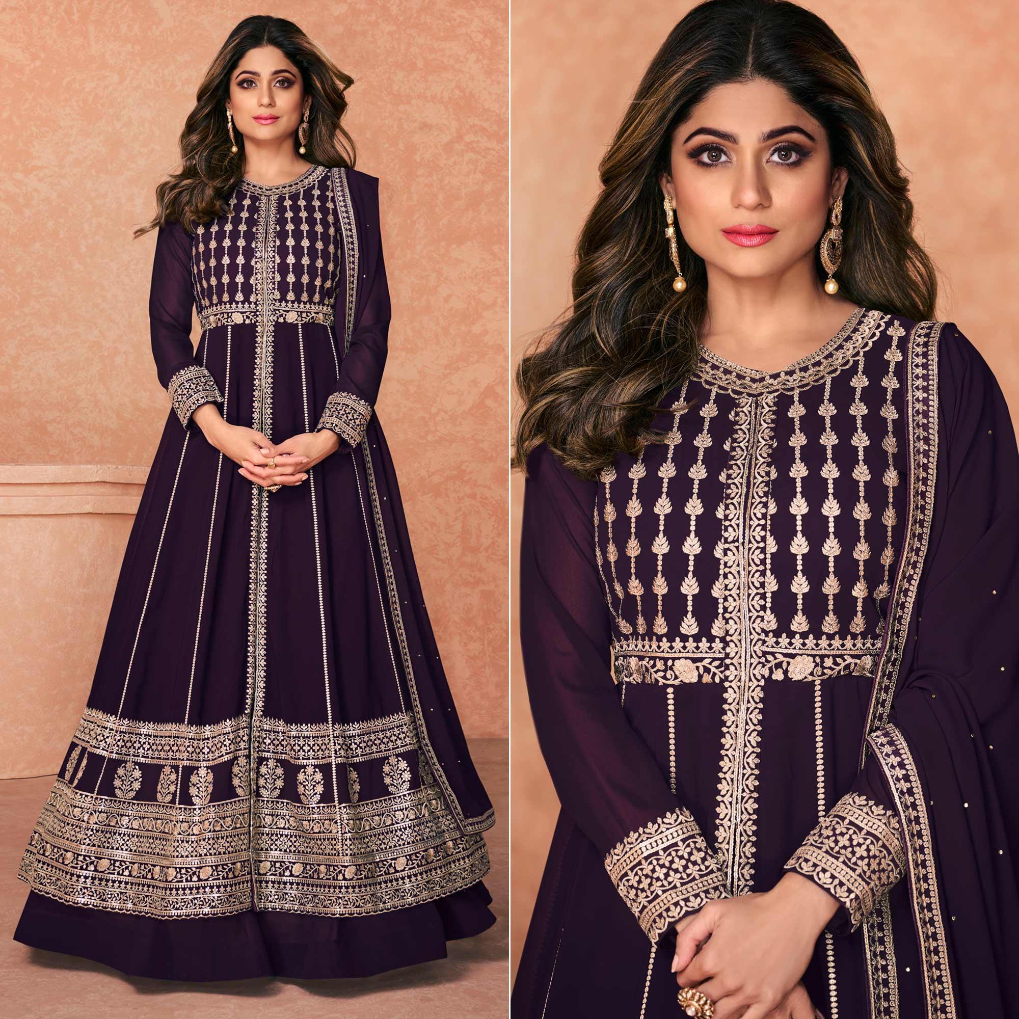 Peachmode Seller Dark Purple Embroidered Georgette Anarkali Style Gown