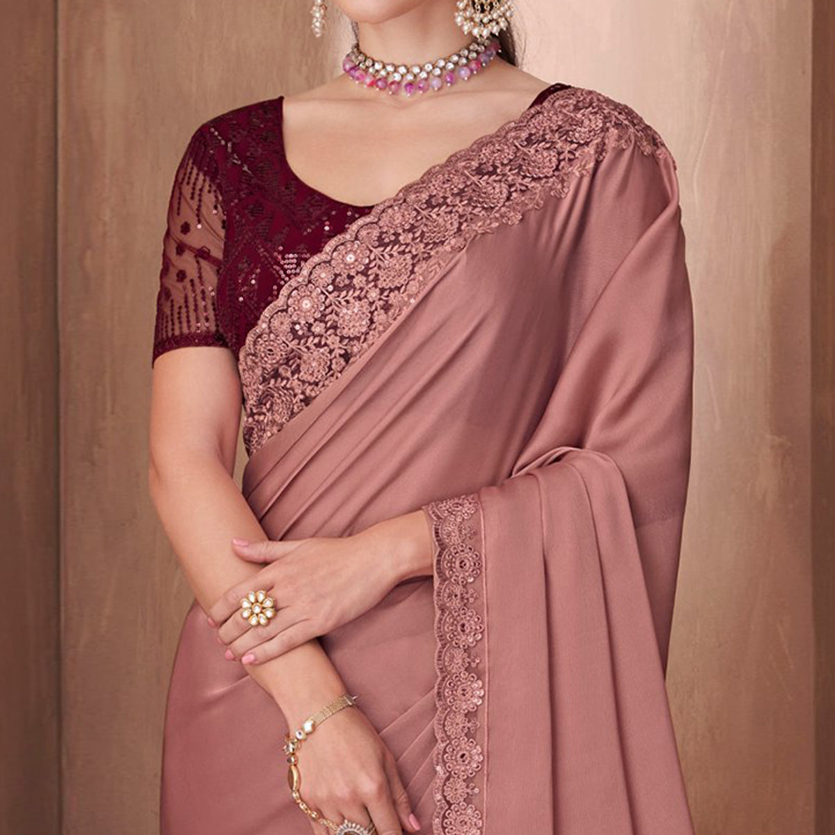 Peachmode Mauve Embroidered Satin Saree – Women's - view 3