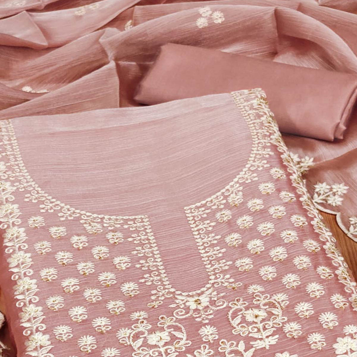 Peachmode Dusty Rose Pink Floral Embroidered Burberry Zoya Silk Dress Material - view 2