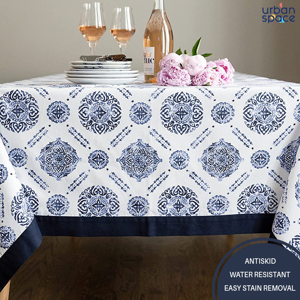 Urban Space Home Furnishing Sicilia : Anti Skid & Water resistant Linen textured Premium table cover for dining table - Blue Border - view 2