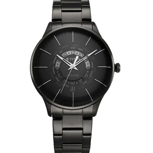 Titan Black Dial World Time with Date Stainless Steel Strap watch for Men 41mm NS90145NM01