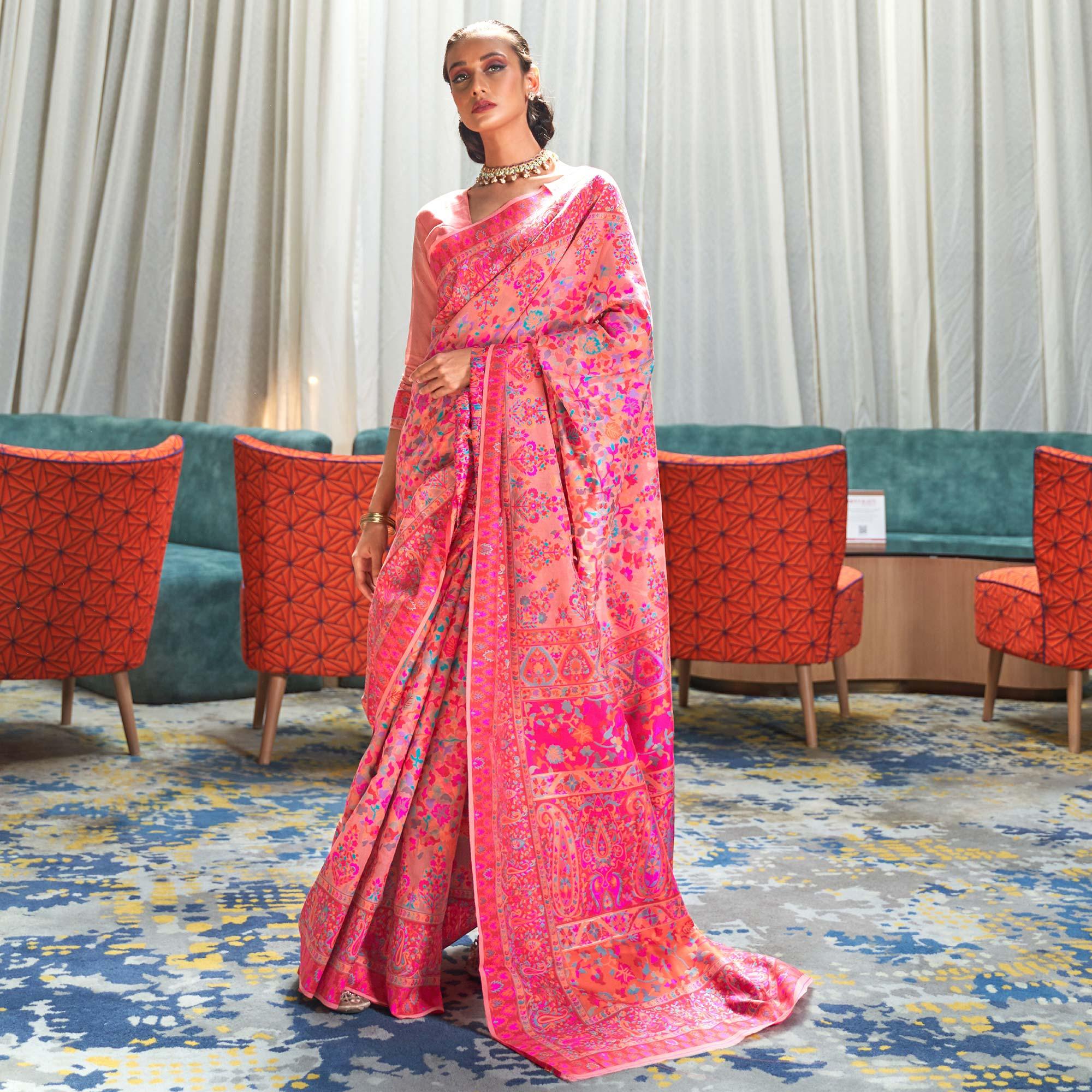 Peachmode Jazzy Pink Coloured Festive Wear Handloom Woven Silk Saree