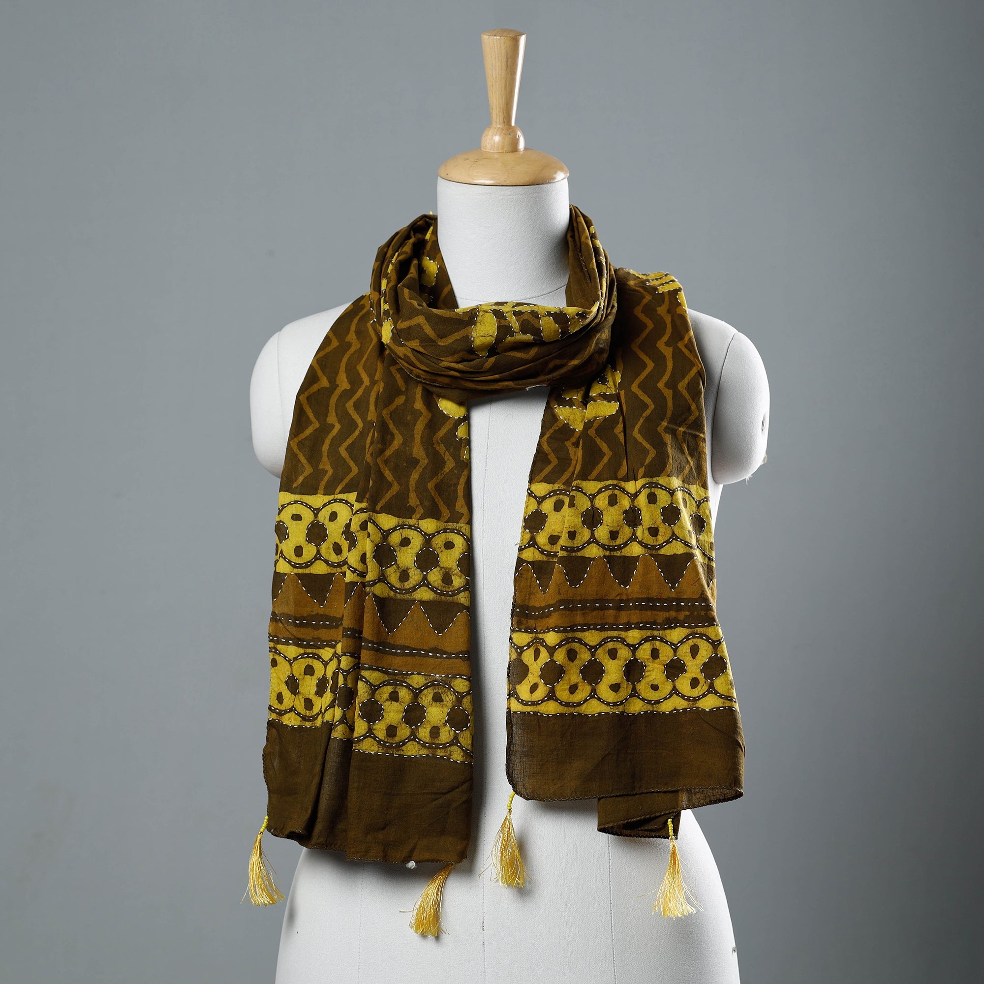 ARTISAN HAND BLOCK PRINTS Brown - Bagru Block Printed Tagai Work Cotton Stole with Tassels