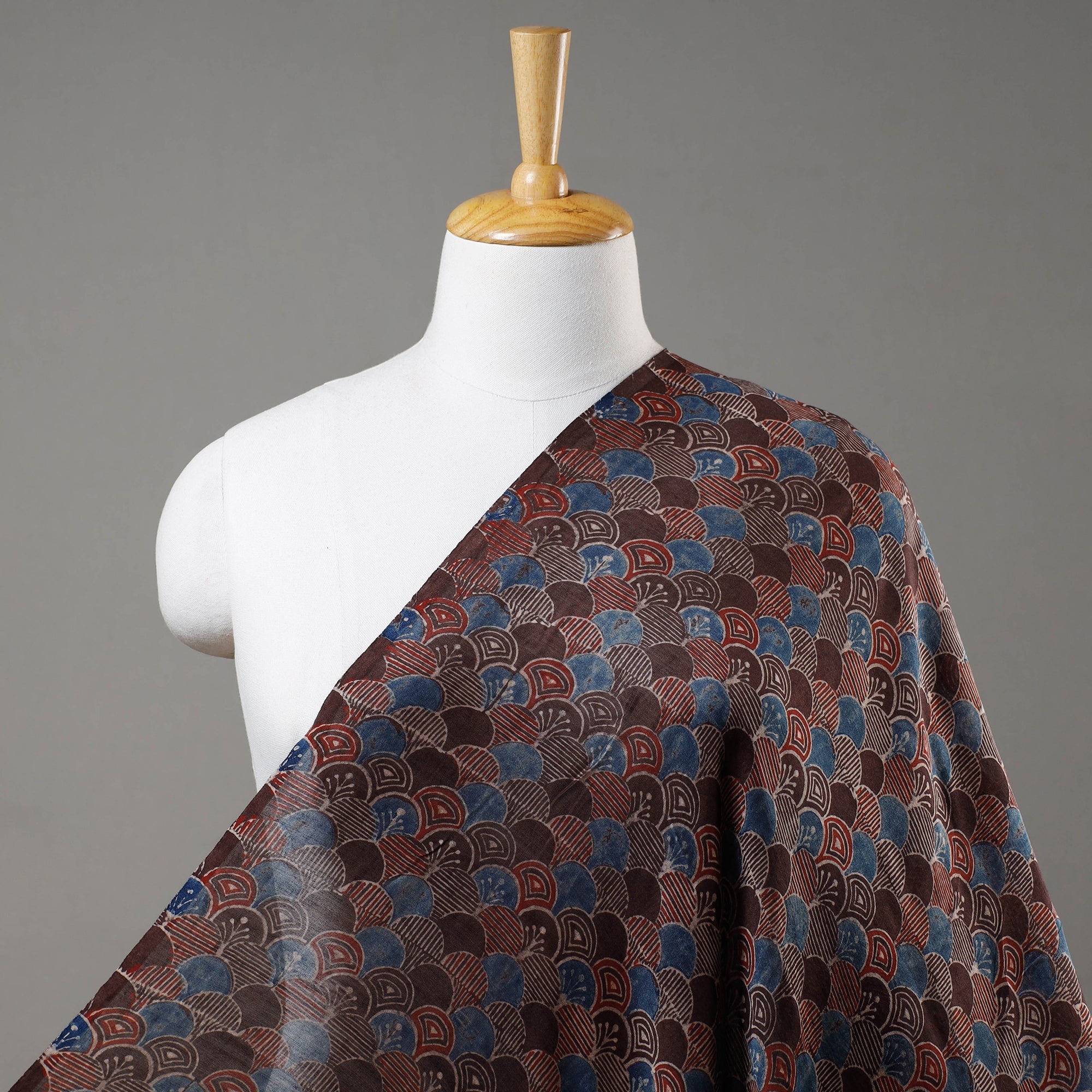 AJRAKH BY JABBAR KHATRI Brown - Bubbles Pattern Ajrakh Block Printed Handloom Chanderi Silk Fabric