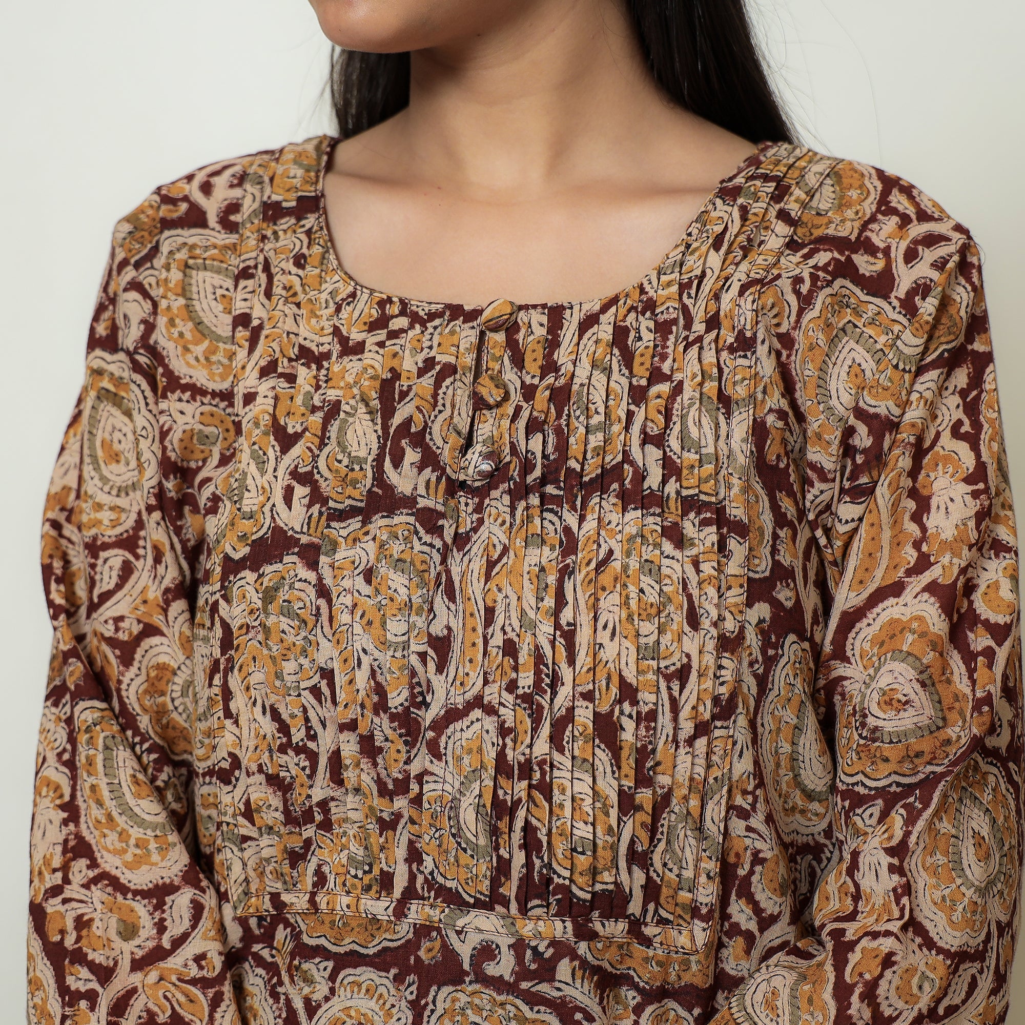 ITOKRI CASUALS Brown - Kalamkari Hand Block Printed Mul Cotton Pintuck A-Line Kurta 03 - view 5